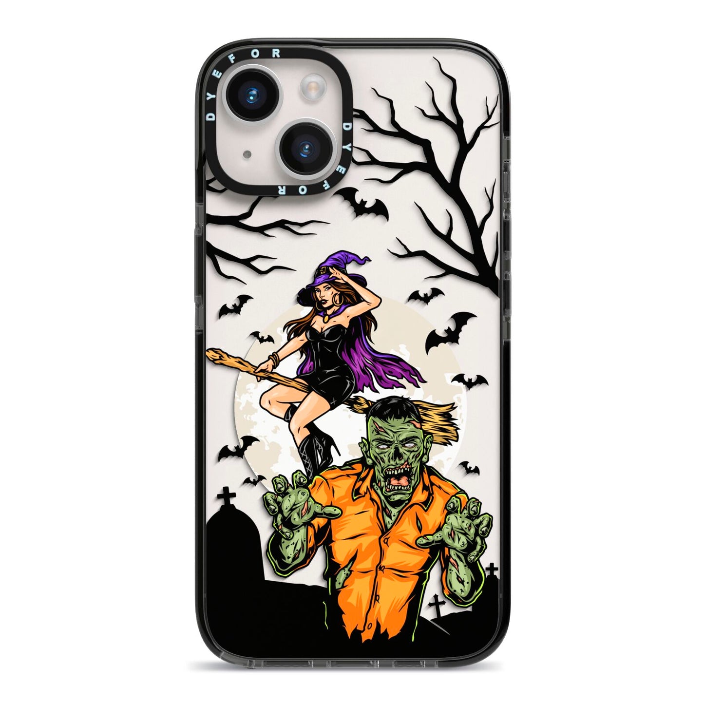 Witch Meets Zombie iPhone 14 Black Impact Case on Silver phone