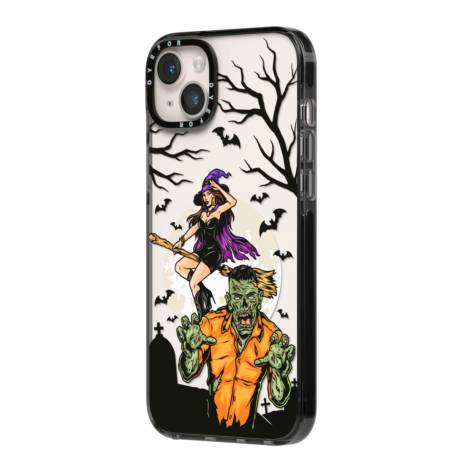 Witch Meets Zombie iPhone 14 Plus Black Impact Case Side Angle on Silver phone