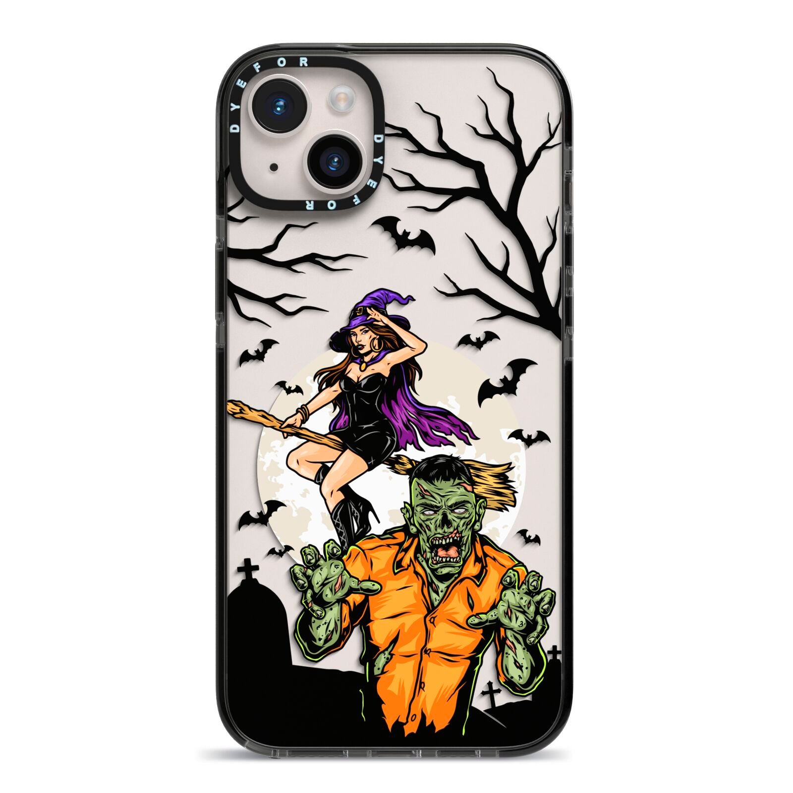 Witch Meets Zombie iPhone 14 Plus Black Impact Case on Silver phone