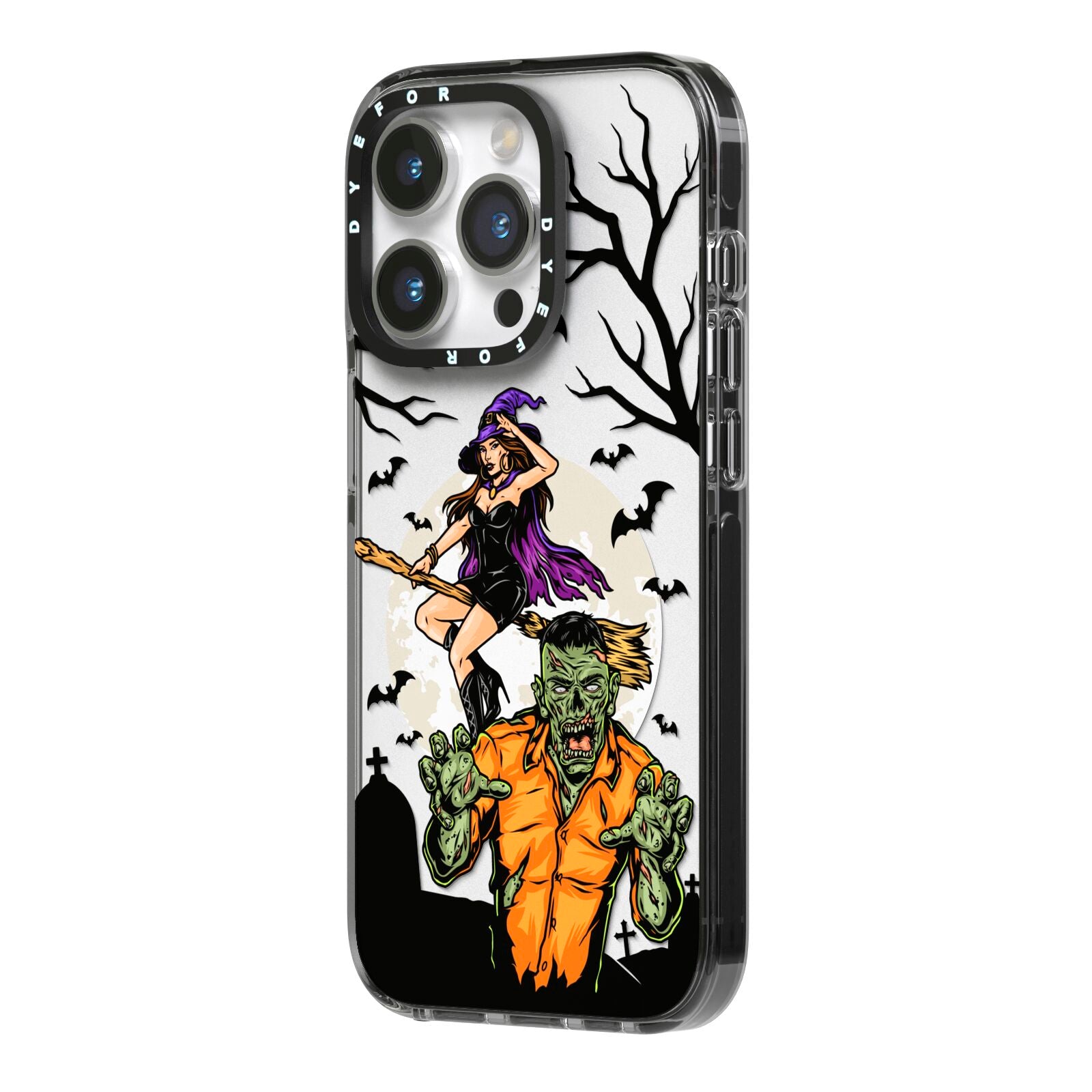 Witch Meets Zombie iPhone 14 Pro Black Impact Case Side Angle on Silver phone