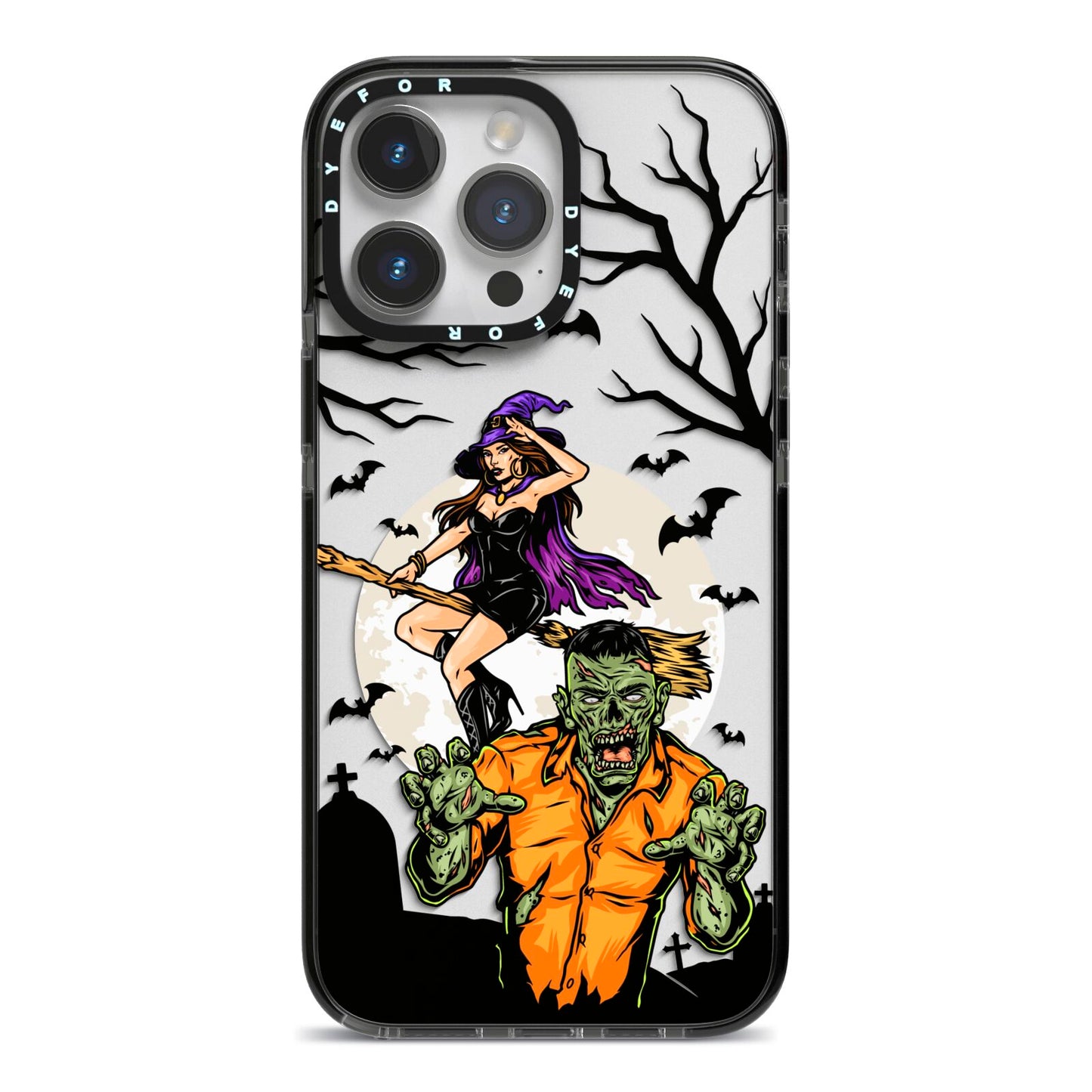 Witch Meets Zombie iPhone 14 Pro Max Black Impact Case on Silver phone