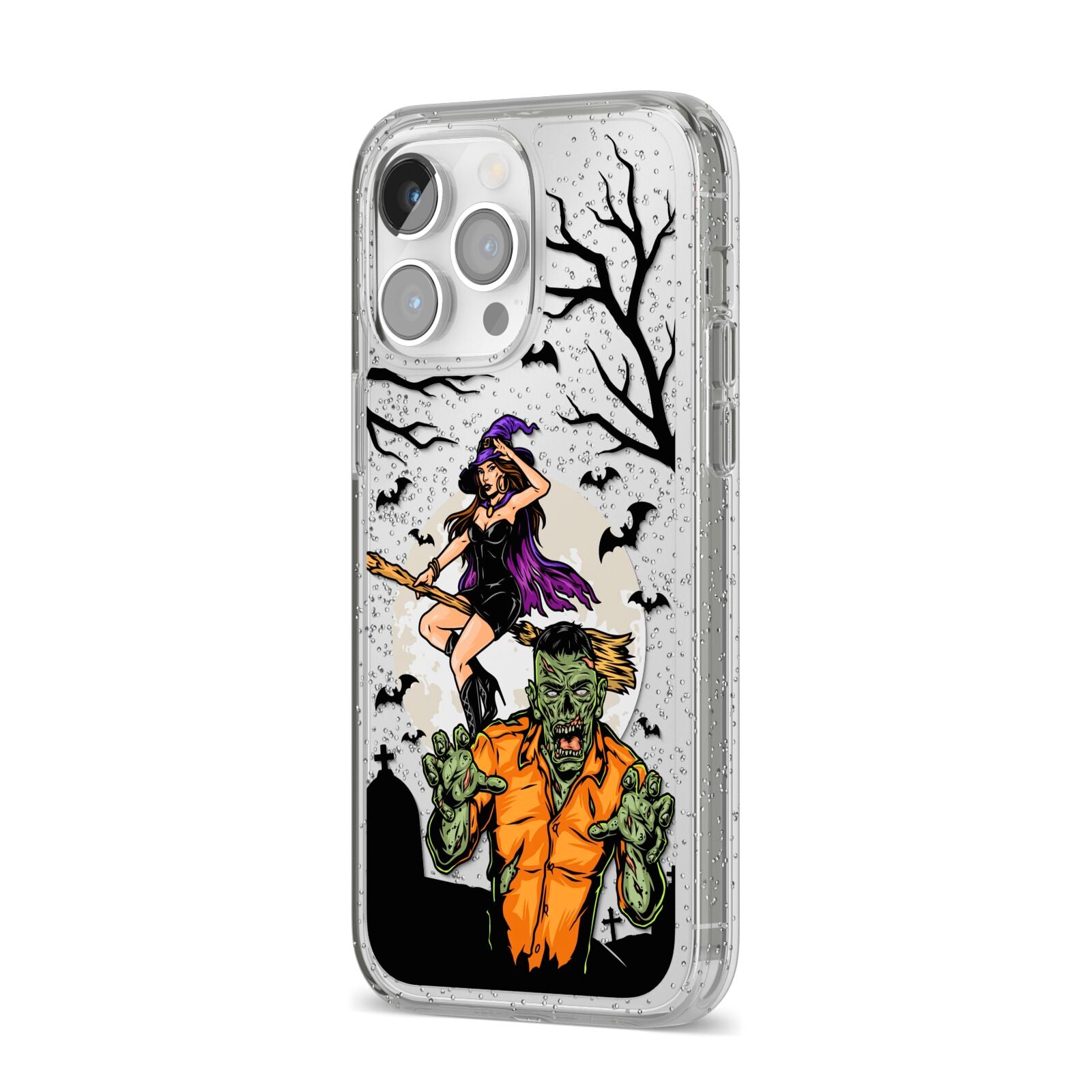 Witch Meets Zombie iPhone 14 Pro Max Glitter Tough Case Silver Angled Image