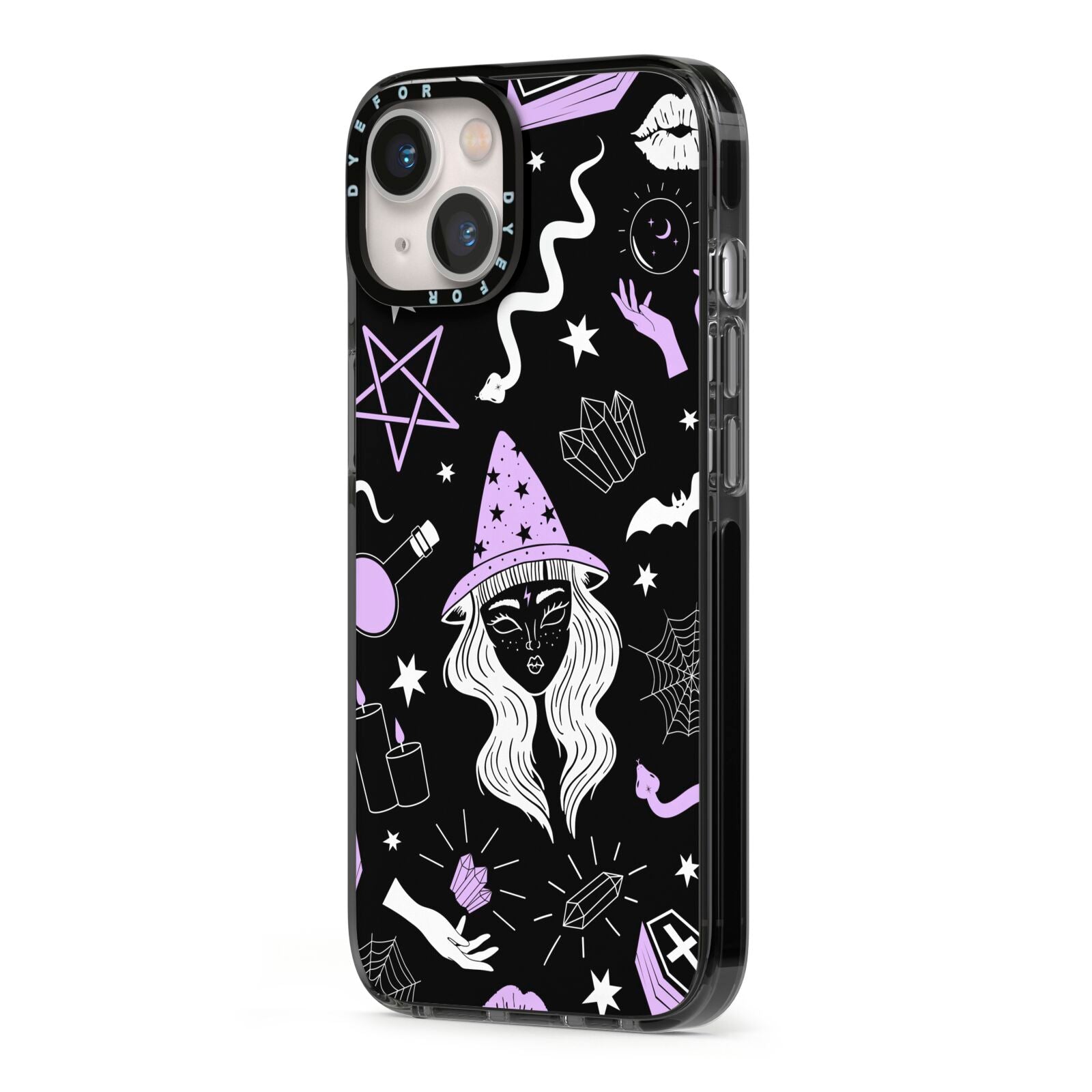 Witch iPhone 13 Black Impact Case Side Angle on Silver phone