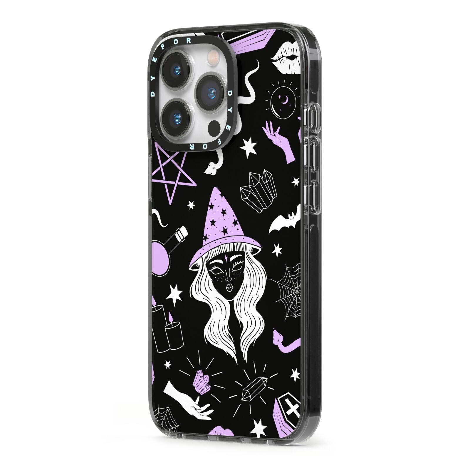 Witch iPhone 13 Pro Black Impact Case Side Angle on Silver phone