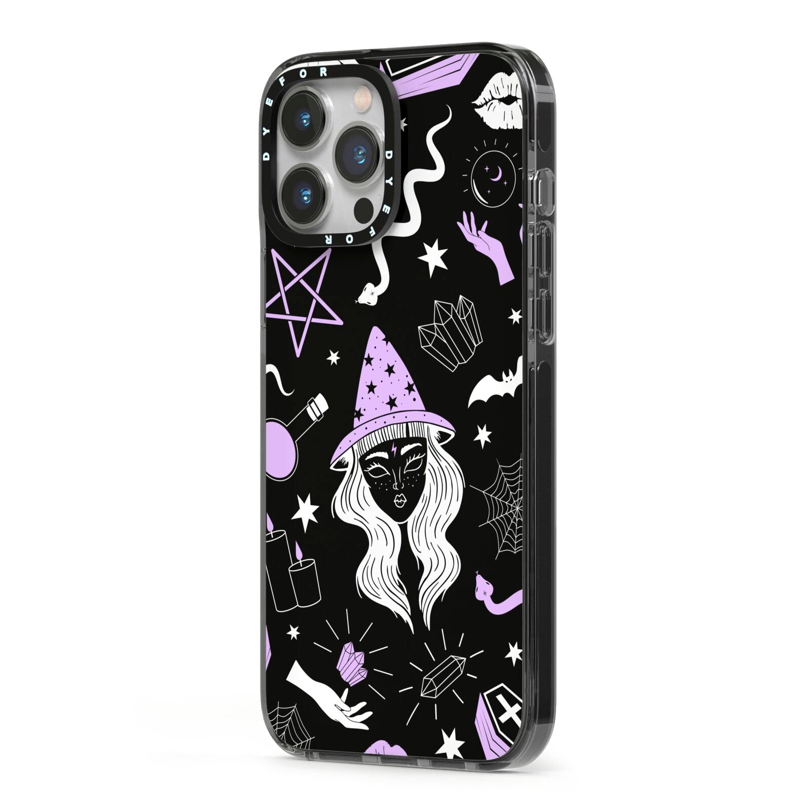 Witch iPhone 13 Pro Max Black Impact Case Side Angle on Silver phone