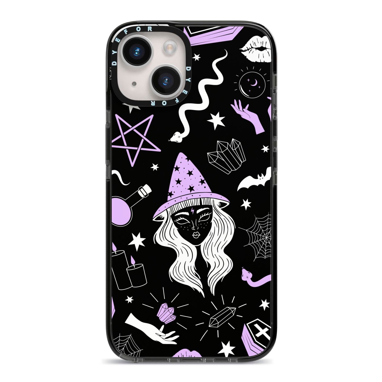Witch iPhone 14 Black Impact Case on Silver phone
