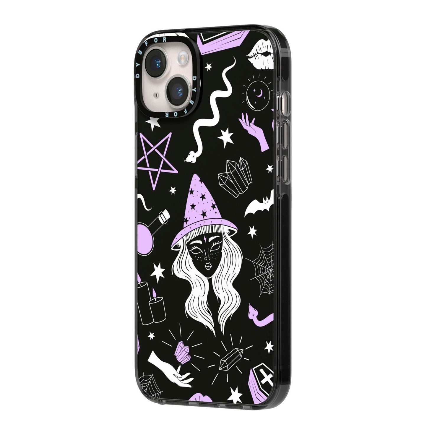 Witch iPhone 14 Plus Black Impact Case Side Angle on Silver phone