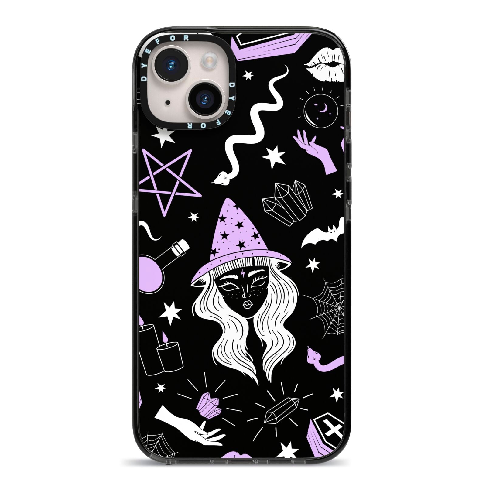 Witch iPhone 14 Plus Black Impact Case on Silver phone