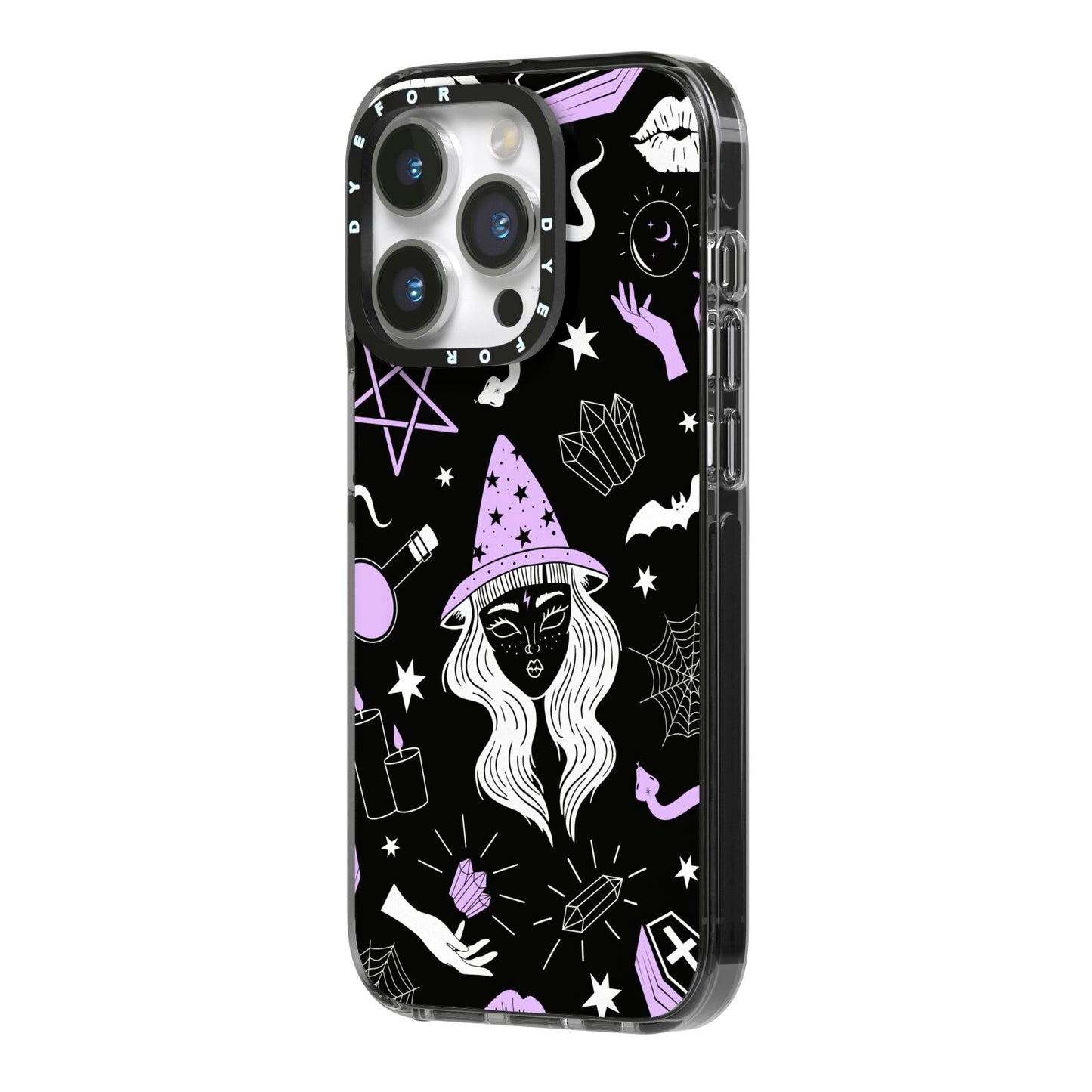 Witch iPhone 14 Pro Black Impact Case Side Angle on Silver phone