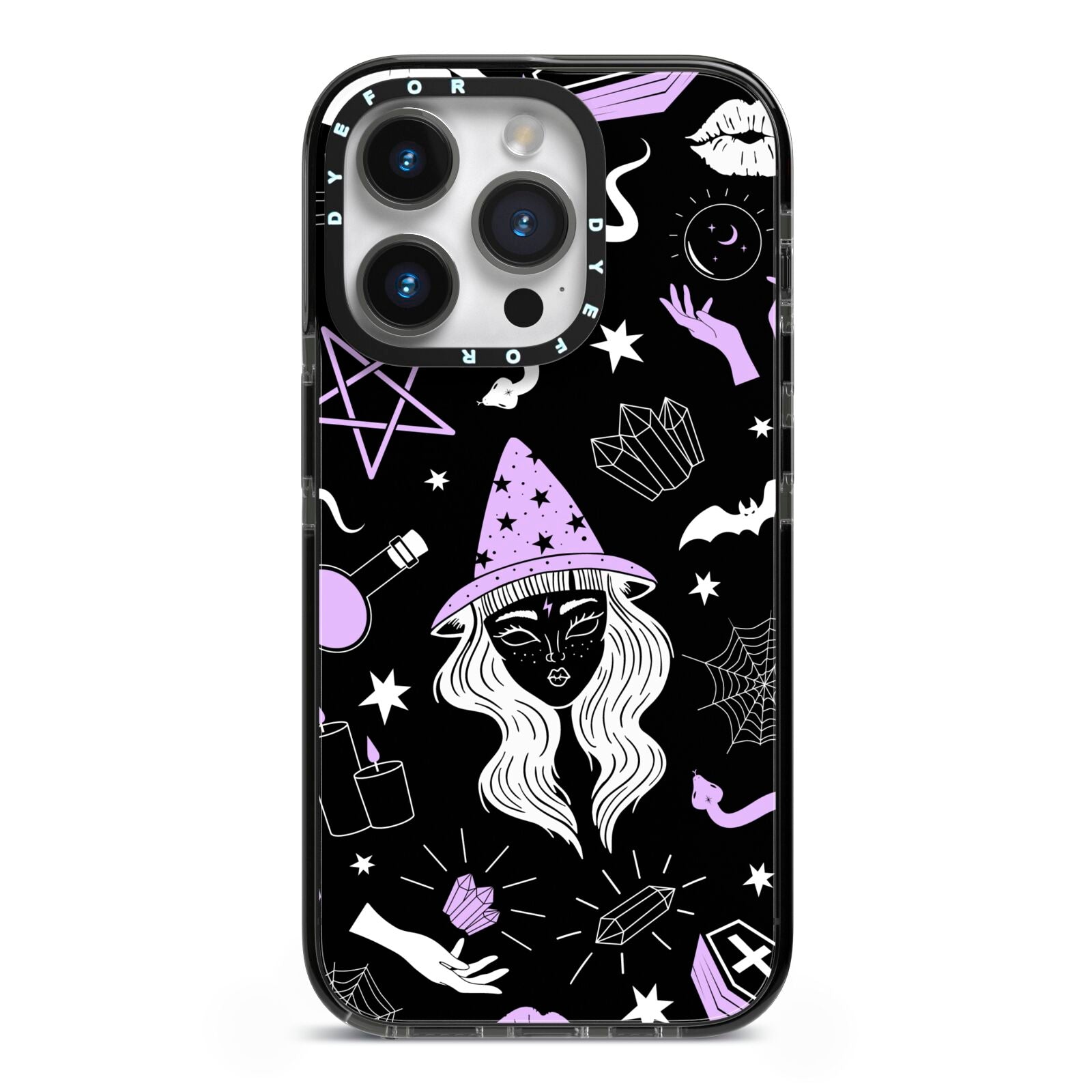 Witch iPhone 14 Pro Black Impact Case on Silver phone