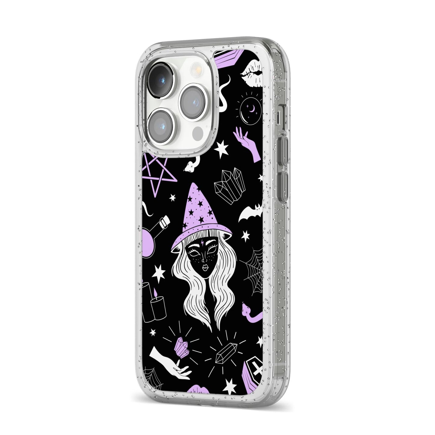 Witch iPhone 14 Pro Glitter Tough Case Silver Angled Image