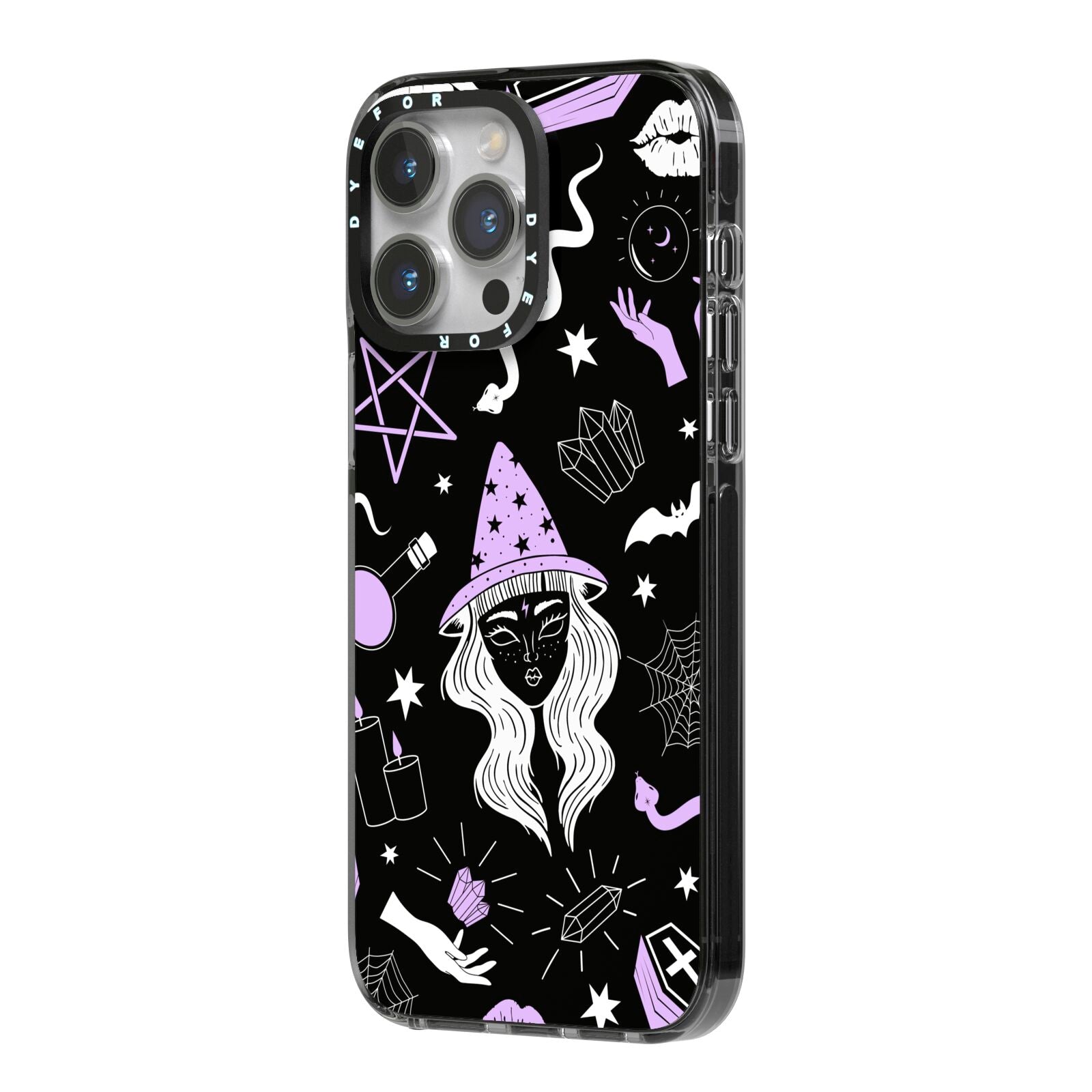Witch iPhone 14 Pro Max Black Impact Case Side Angle on Silver phone