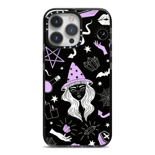 Witch iPhone 14 Pro Max Black Impact Case on Silver phone