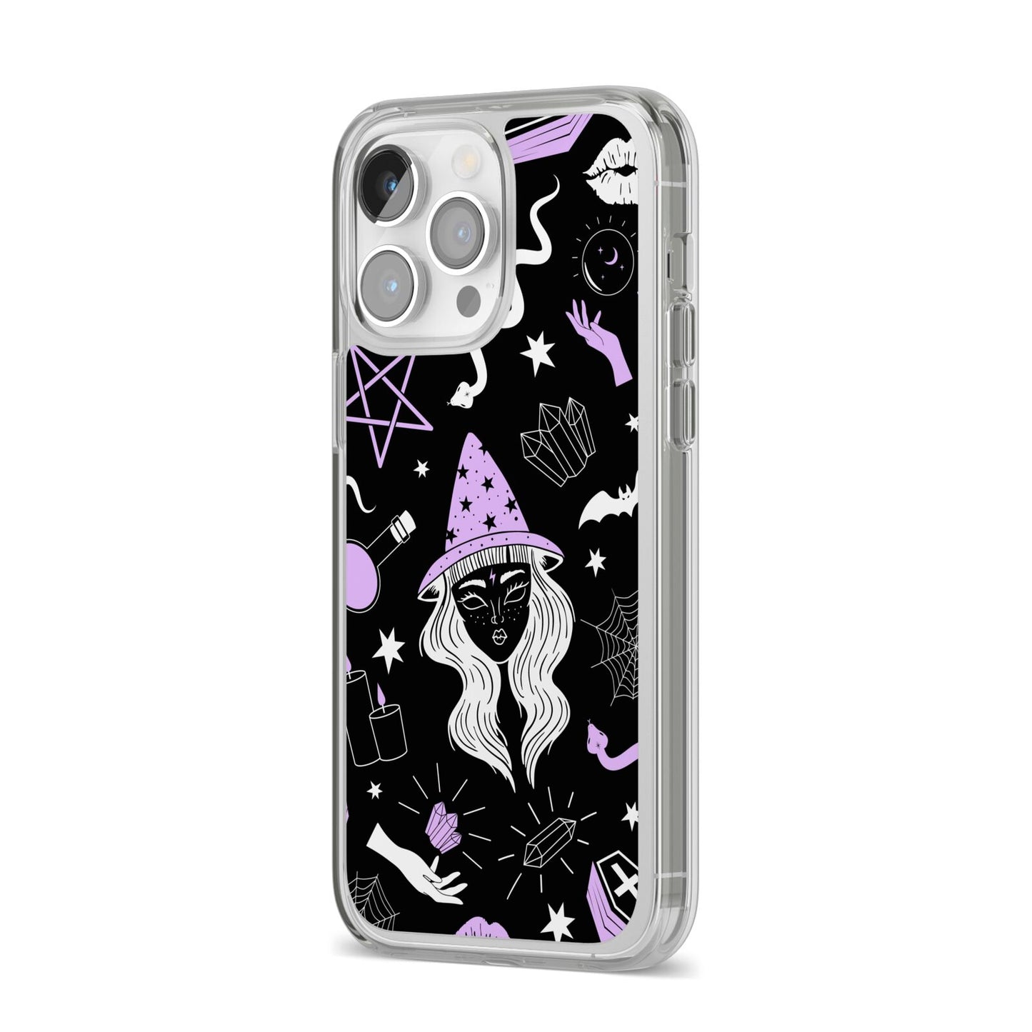 Witch iPhone 14 Pro Max Clear Tough Case Silver Angled Image