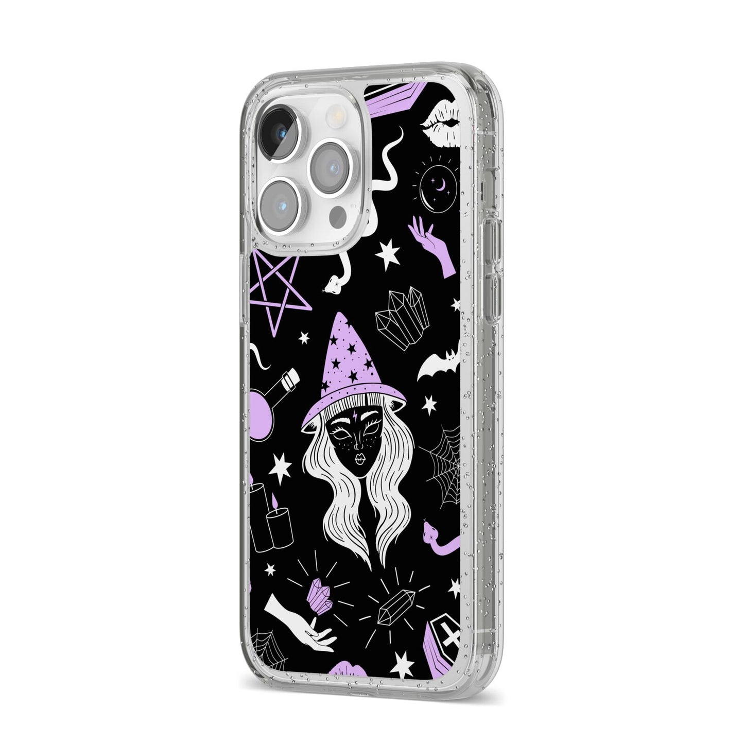 Witch iPhone 14 Pro Max Glitter Tough Case Silver Angled Image
