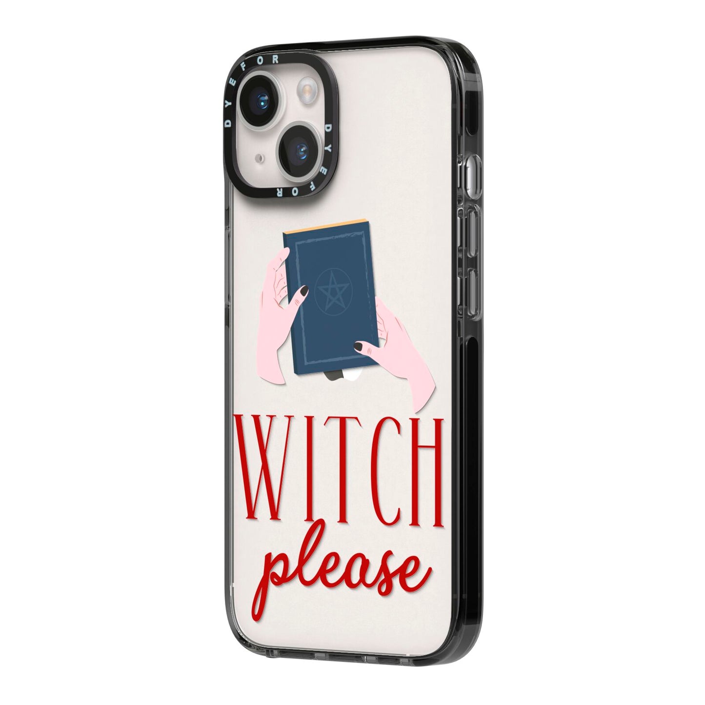 Witty Witch Illustration iPhone 14 Black Impact Case Side Angle on Silver phone