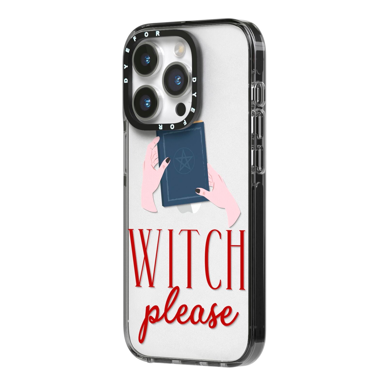 Witty Witch Illustration iPhone 14 Pro Black Impact Case Side Angle on Silver phone