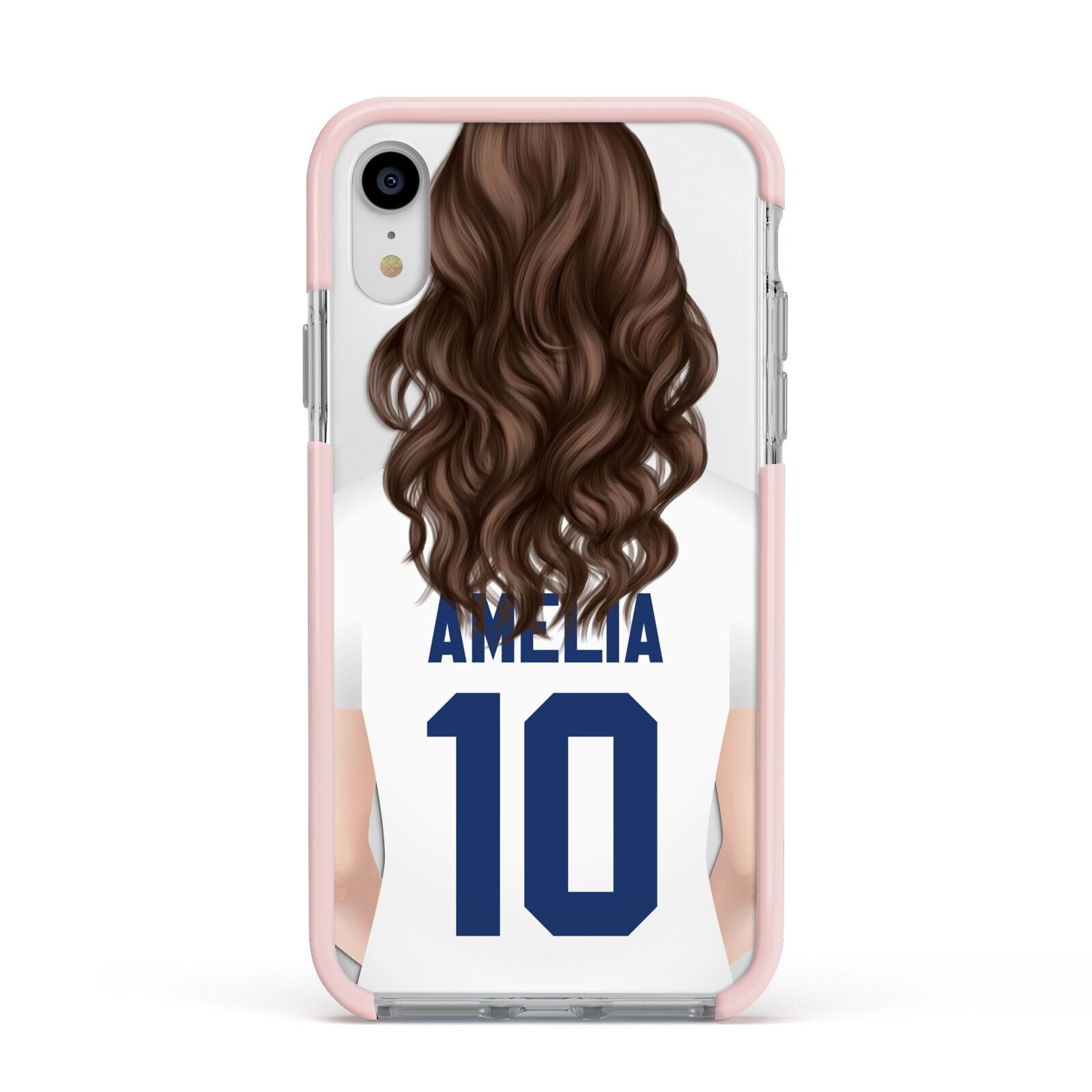 Womens Footballer Personalised Apple iPhone XR Impact Case Pink Edge on Silver Phone