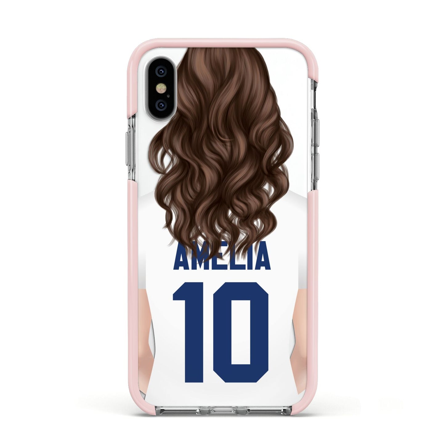 Womens Footballer Personalised Apple iPhone Xs Impact Case Pink Edge on Silver Phone