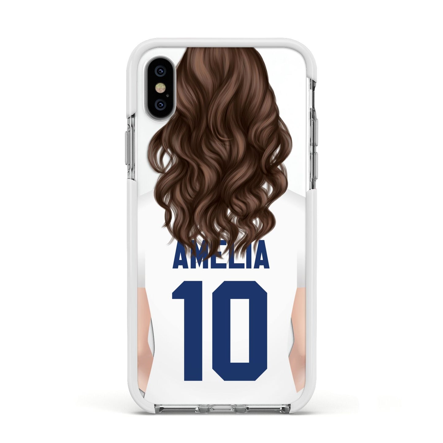 Womens Footballer Personalised Apple iPhone Xs Impact Case White Edge on Silver Phone