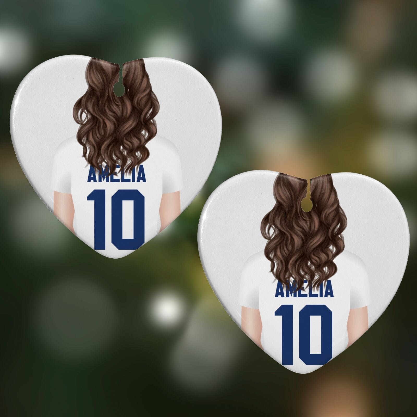 Womens Footballer Personalised Heart Decoration on Christmas Background