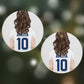 Womens Footballer Personalised Round Decoration on Christmas Background