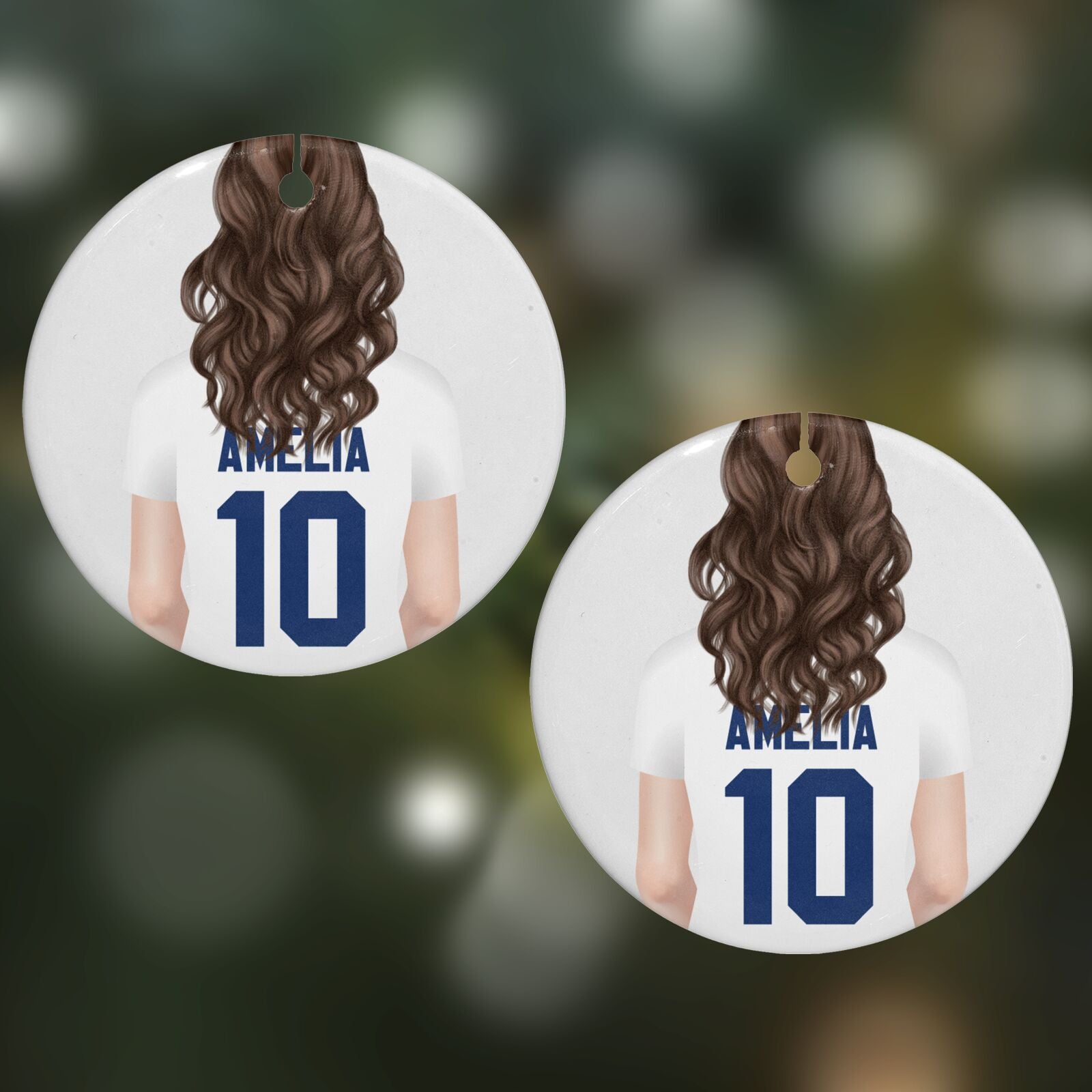Womens Footballer Personalised Round Decoration on Christmas Background