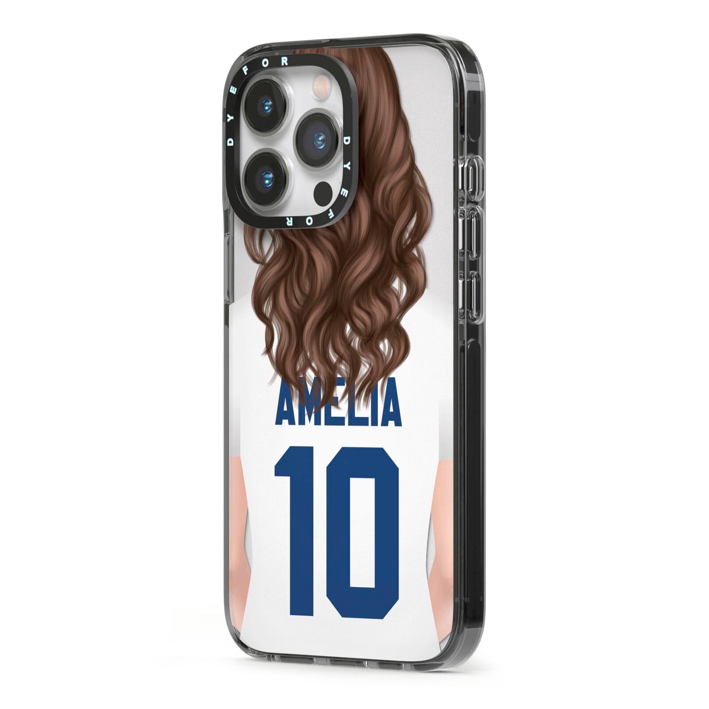 Womens Footballer Personalised iPhone 13 Pro Black Impact Case Side Angle on Silver phone