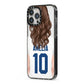 Womens Footballer Personalised iPhone 13 Pro Max Black Impact Case Side Angle on Silver phone