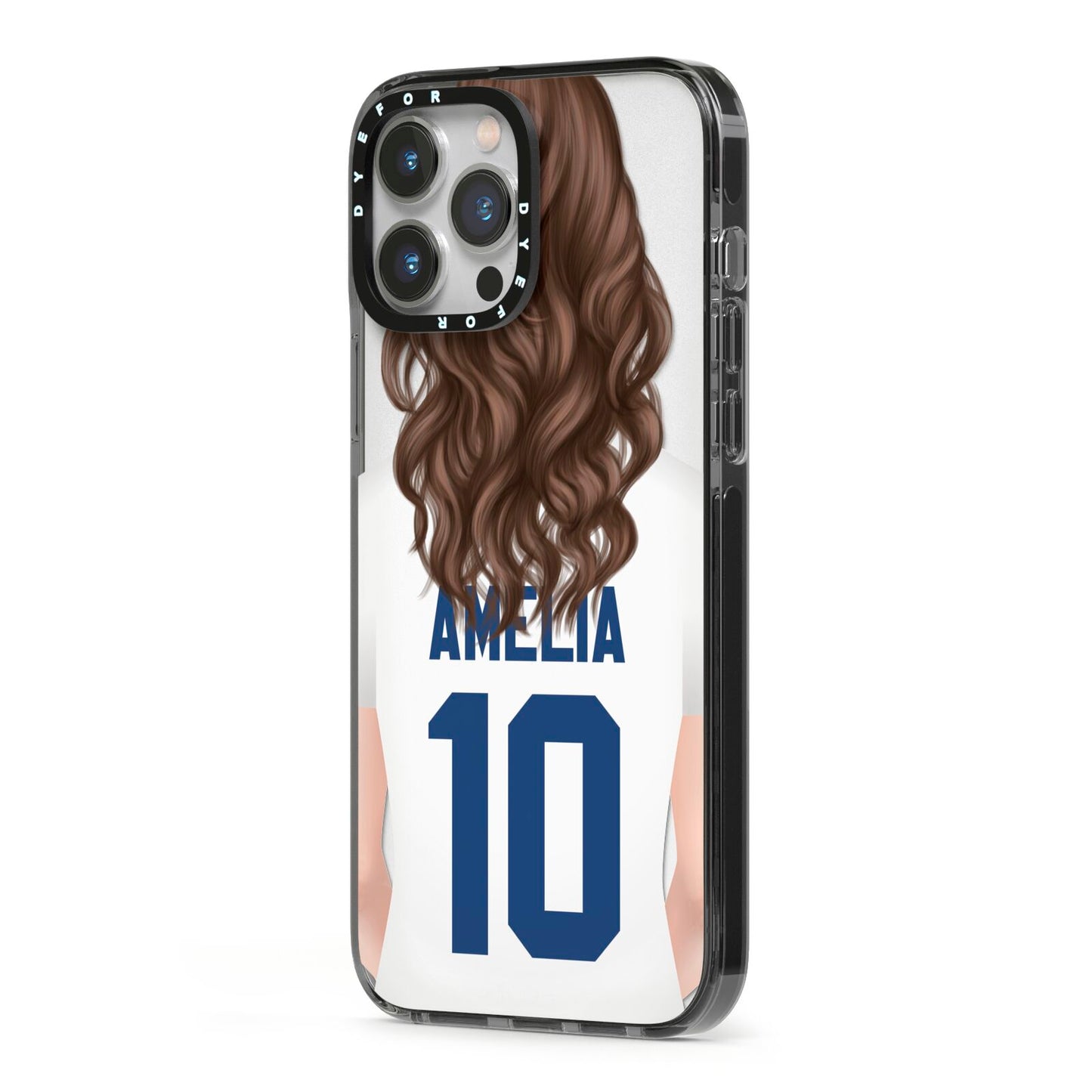 Womens Footballer Personalised iPhone 13 Pro Max Black Impact Case Side Angle on Silver phone