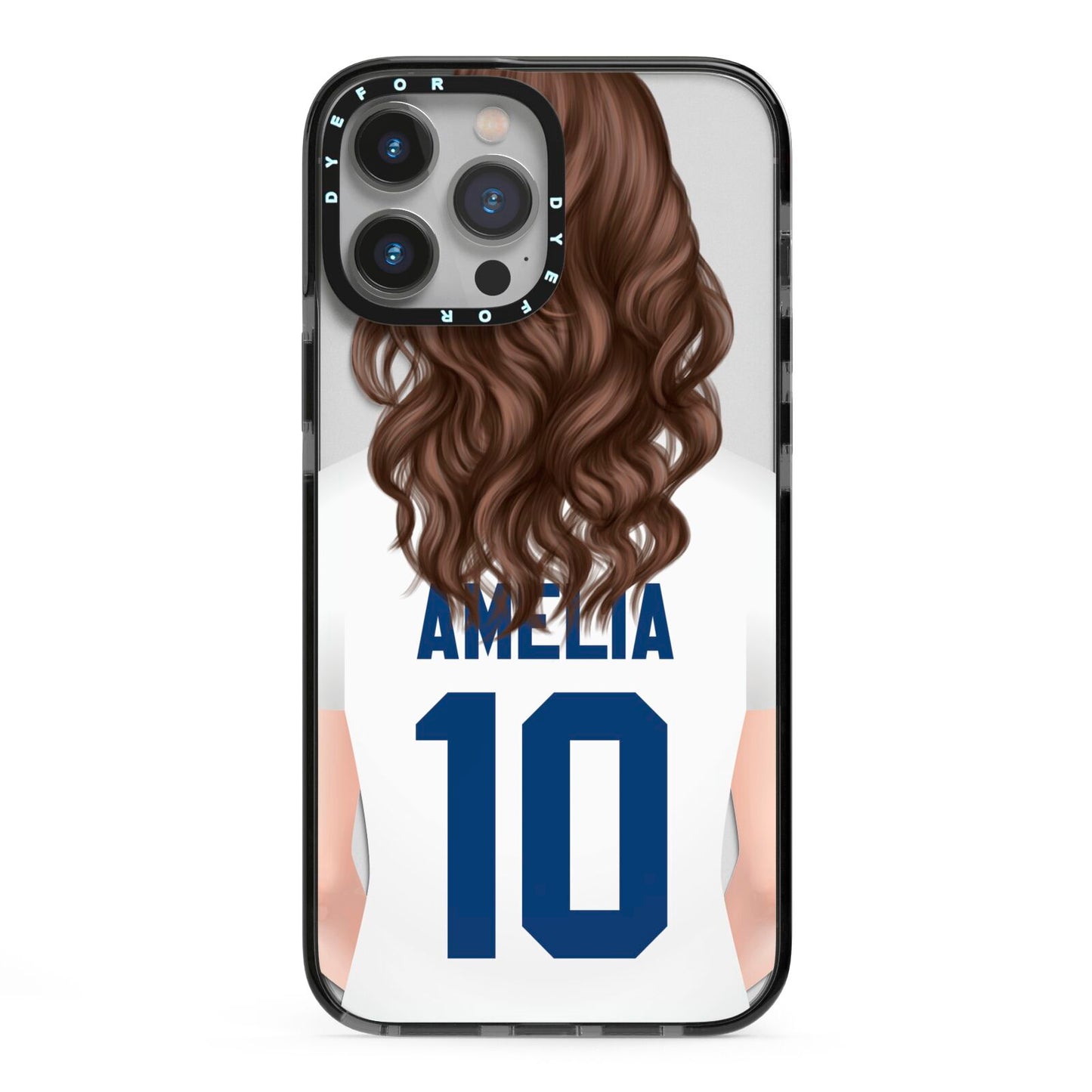 Womens Footballer Personalised iPhone 13 Pro Max Black Impact Case on Silver phone