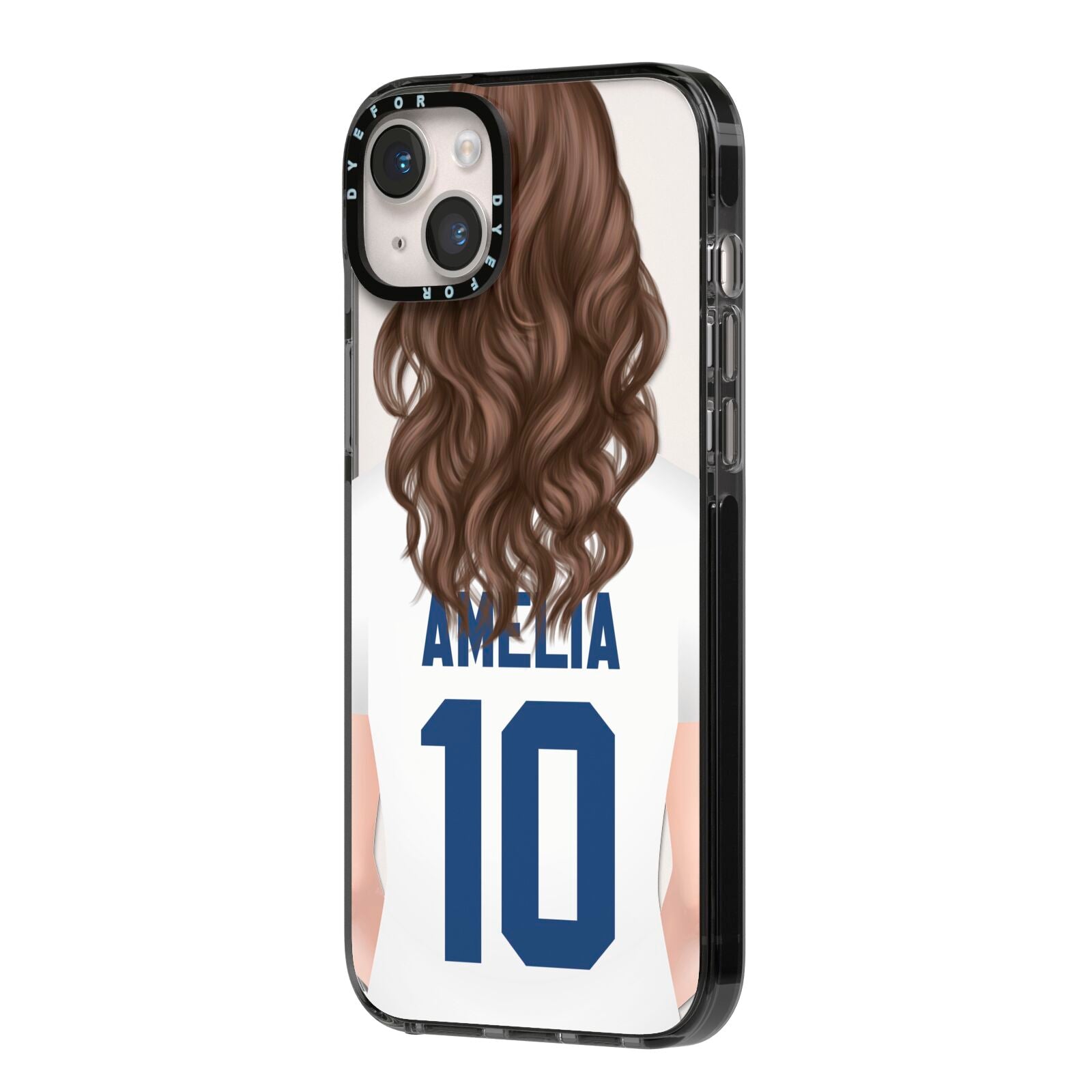 Womens Footballer Personalised iPhone 14 Plus Black Impact Case Side Angle on Silver phone