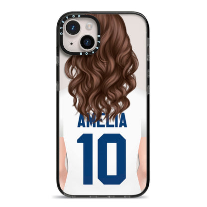 Womens Footballer Personalised iPhone 14 Plus Black Impact Case on Silver phone