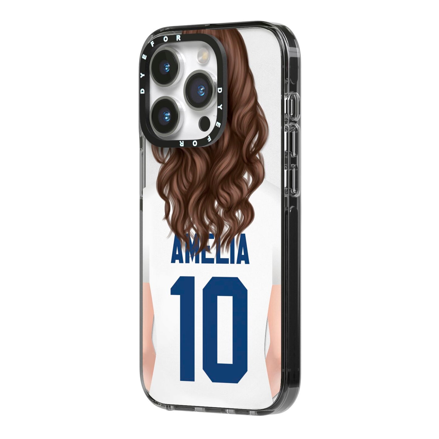 Womens Footballer Personalised iPhone 14 Pro Black Impact Case Side Angle on Silver phone