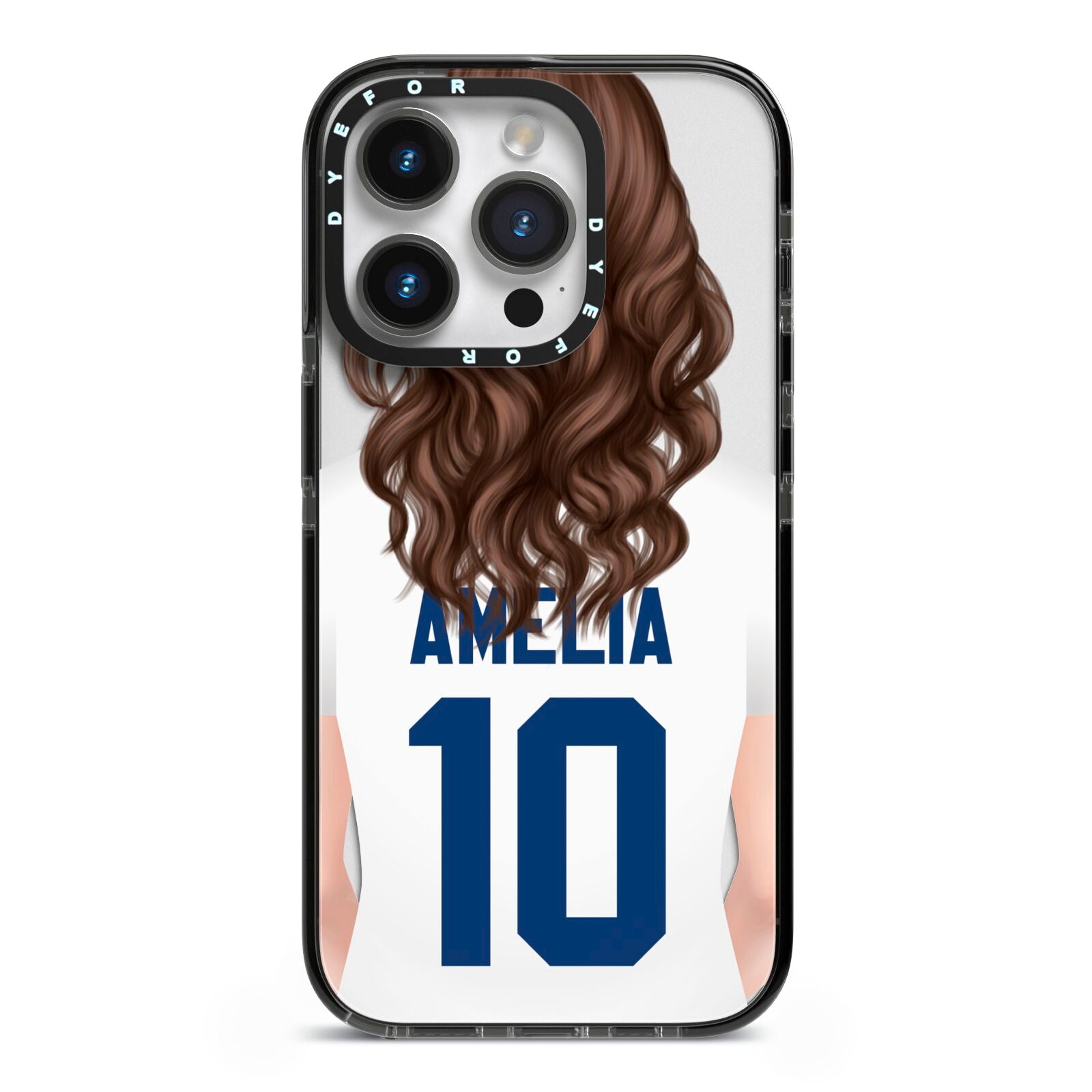 Womens Footballer Personalised iPhone 14 Pro Black Impact Case on Silver phone
