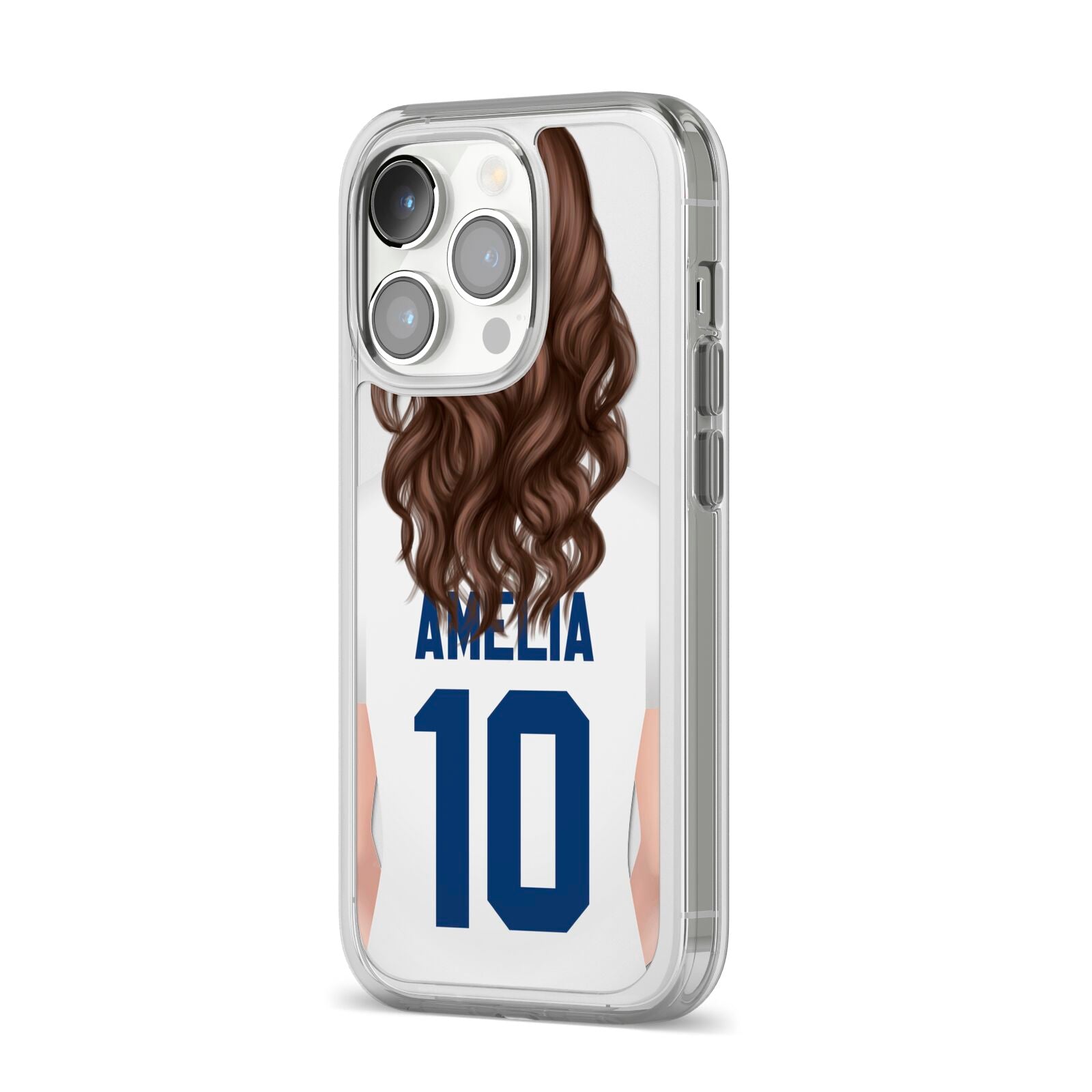 Womens Footballer Personalised iPhone 14 Pro Clear Tough Case Silver Angled Image