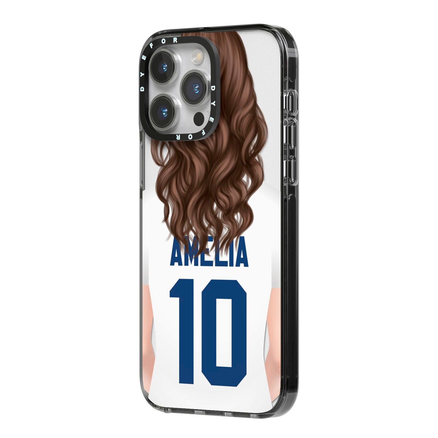 Womens Footballer Personalised iPhone 14 Pro Max Black Impact Case Side Angle on Silver phone