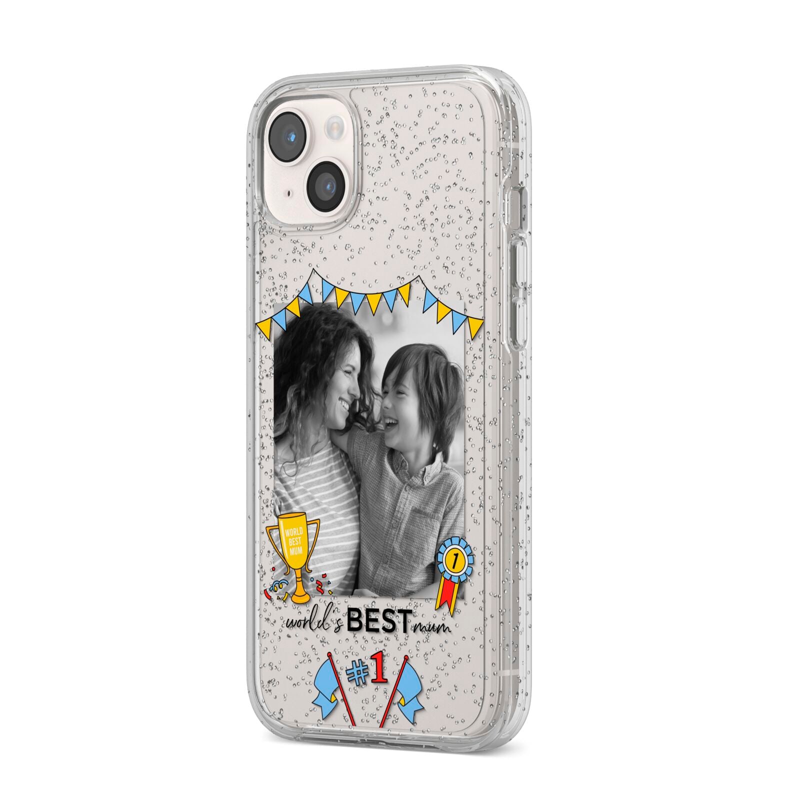 Worlds Best Mum iPhone 14 Plus Glitter Tough Case Starlight Angled Image