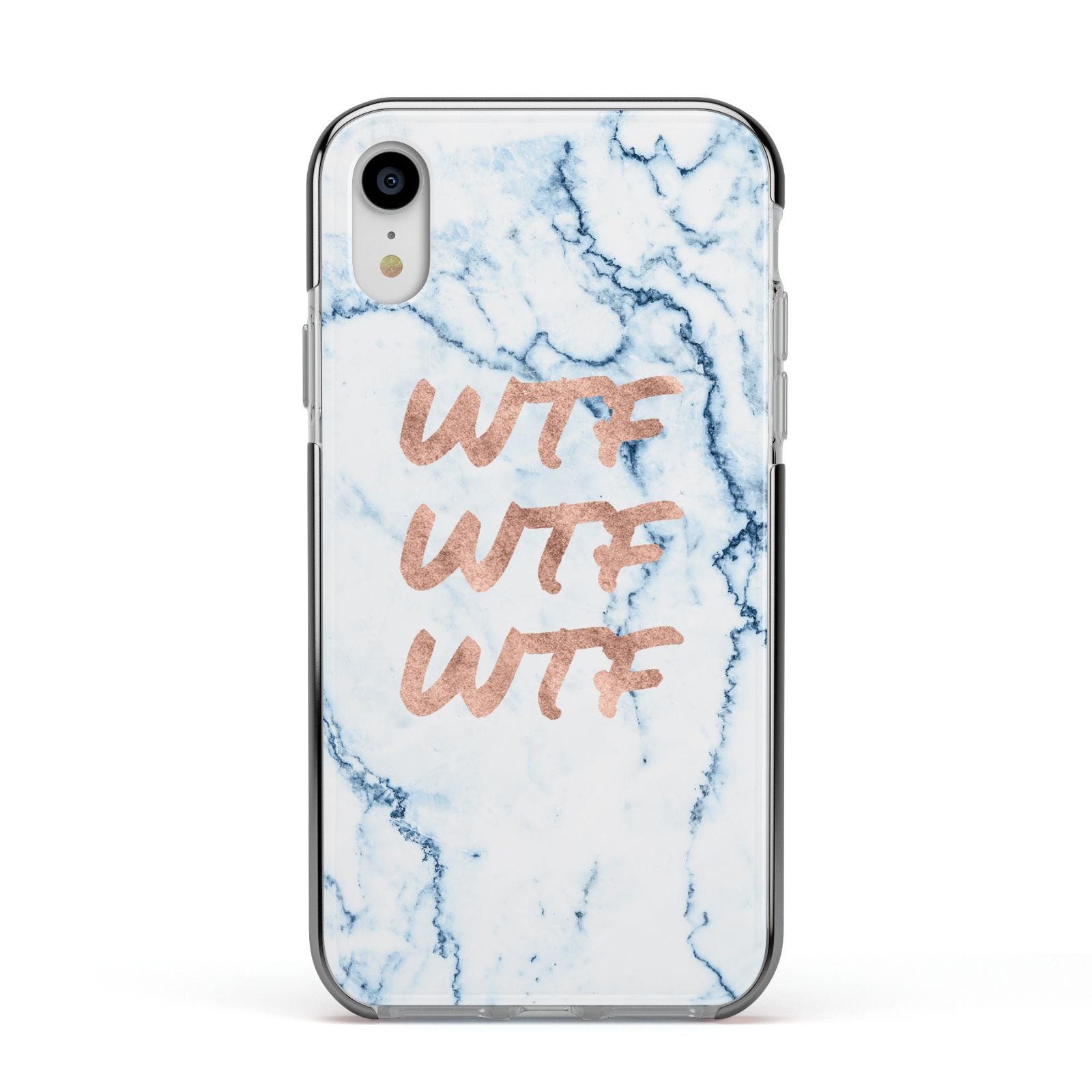 Wtf Rose Gold Blue Marble Effect Apple iPhone XR Impact Case Black Edge on Silver Phone