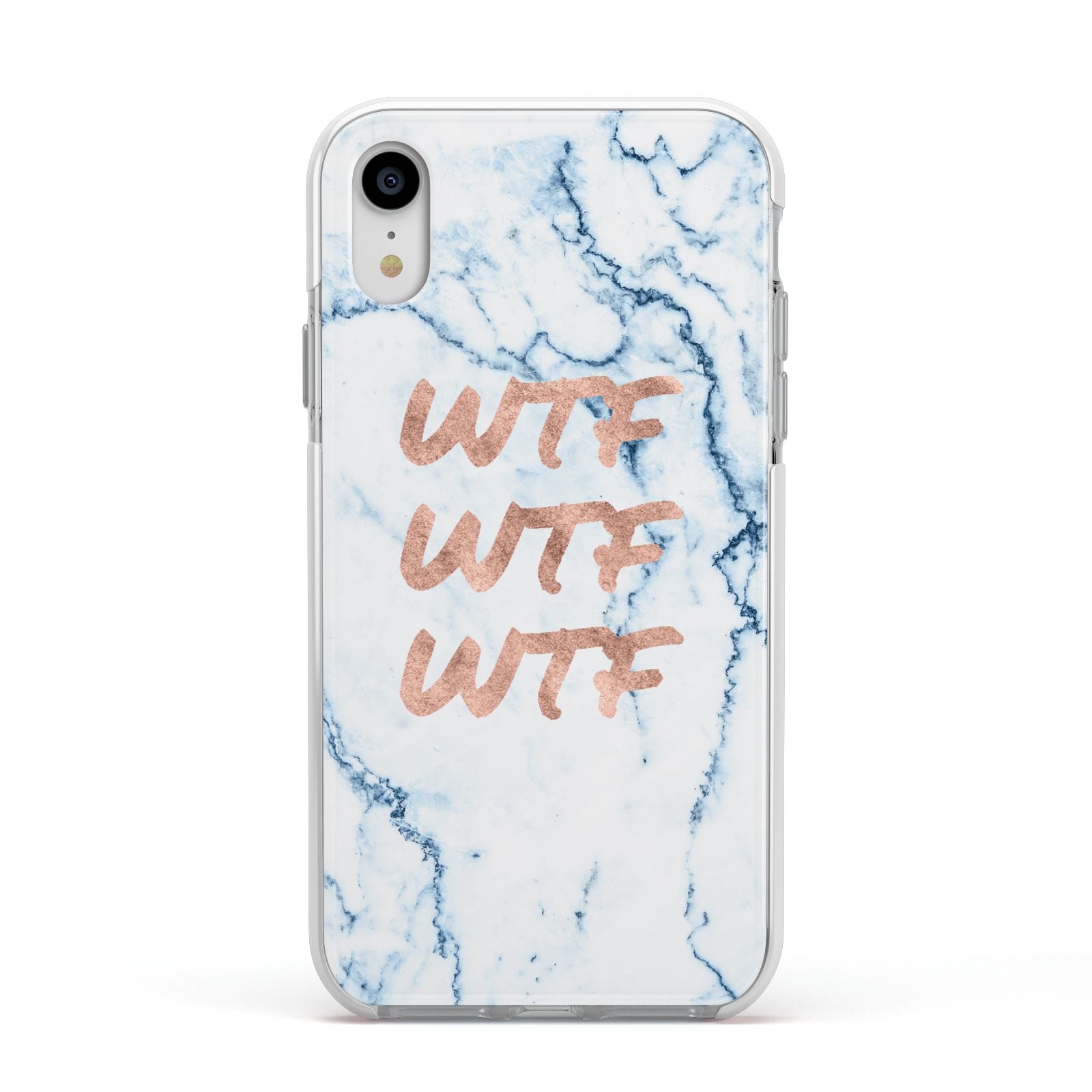 Wtf Rose Gold Blue Marble Effect Apple iPhone XR Impact Case White Edge on Silver Phone