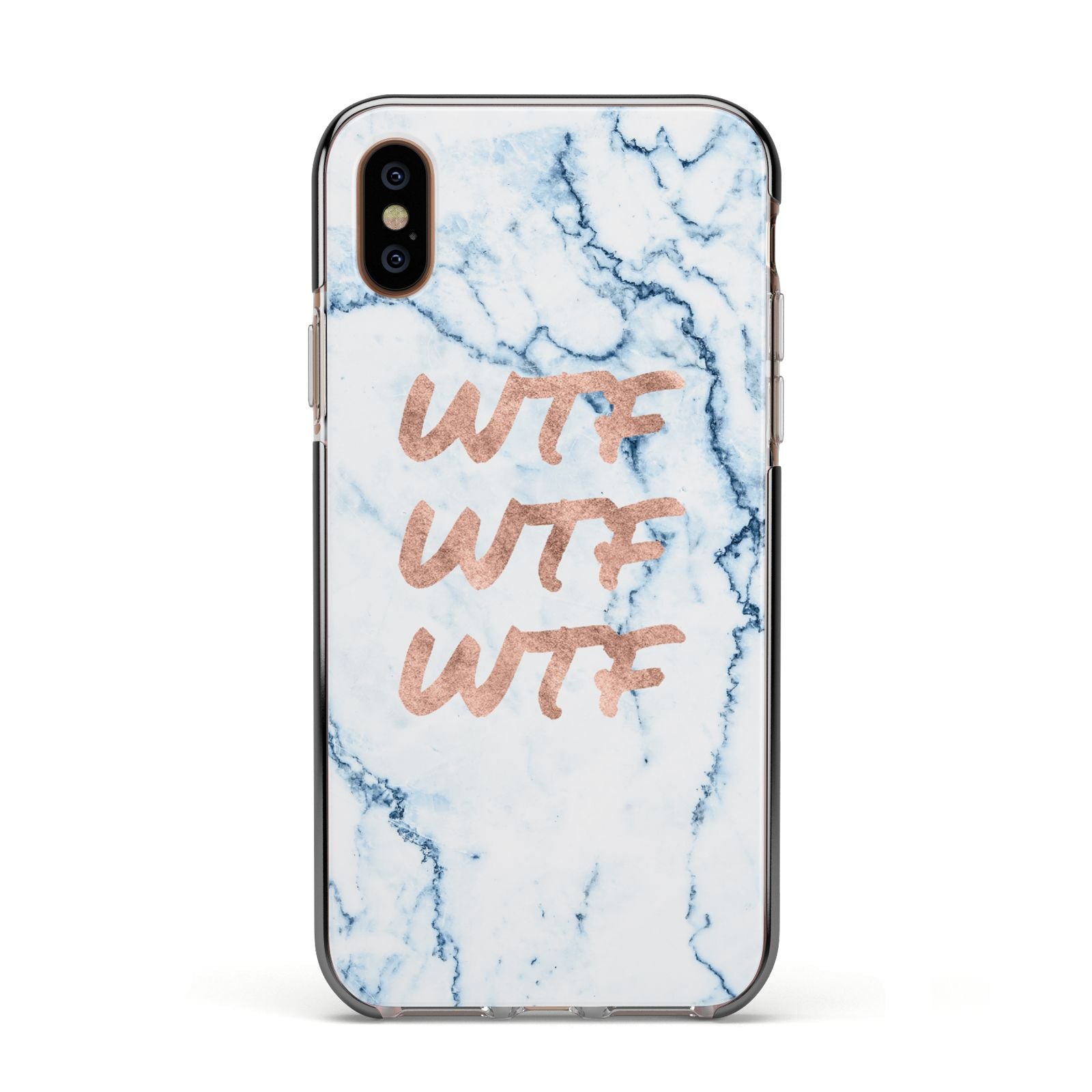 Wtf Rose Gold Blue Marble Effect Apple iPhone Xs Impact Case Black Edge on Gold Phone