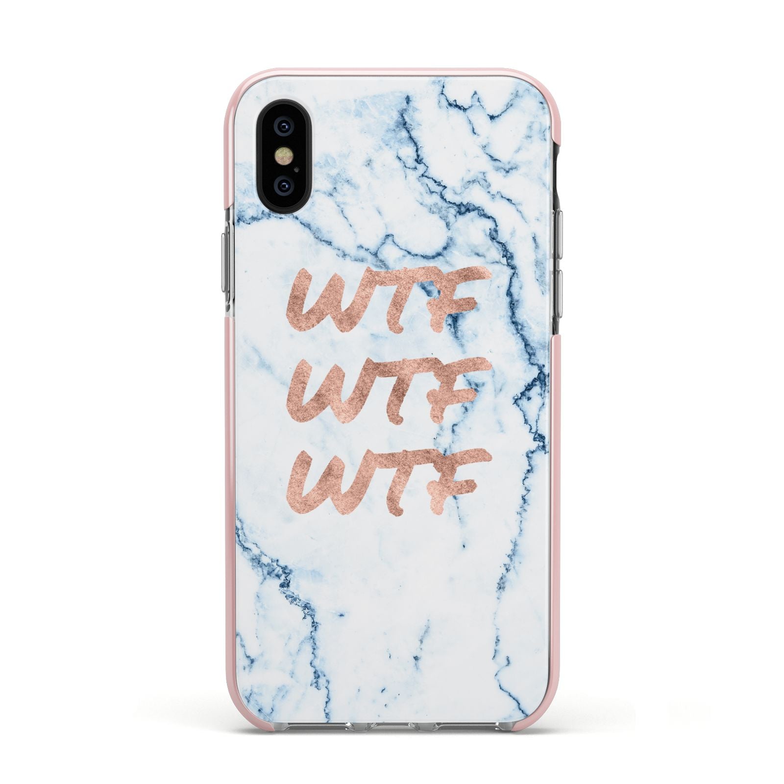 Wtf Rose Gold Blue Marble Effect Apple iPhone Xs Impact Case Pink Edge on Black Phone
