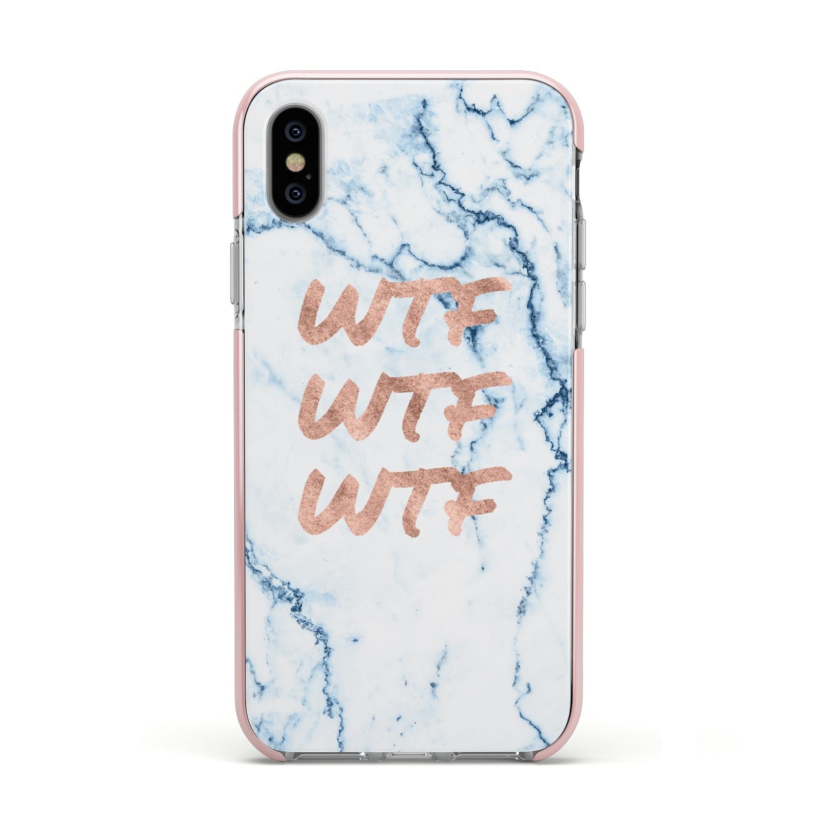 Wtf Rose Gold Blue Marble Effect Apple iPhone Xs Impact Case Pink Edge on Silver Phone