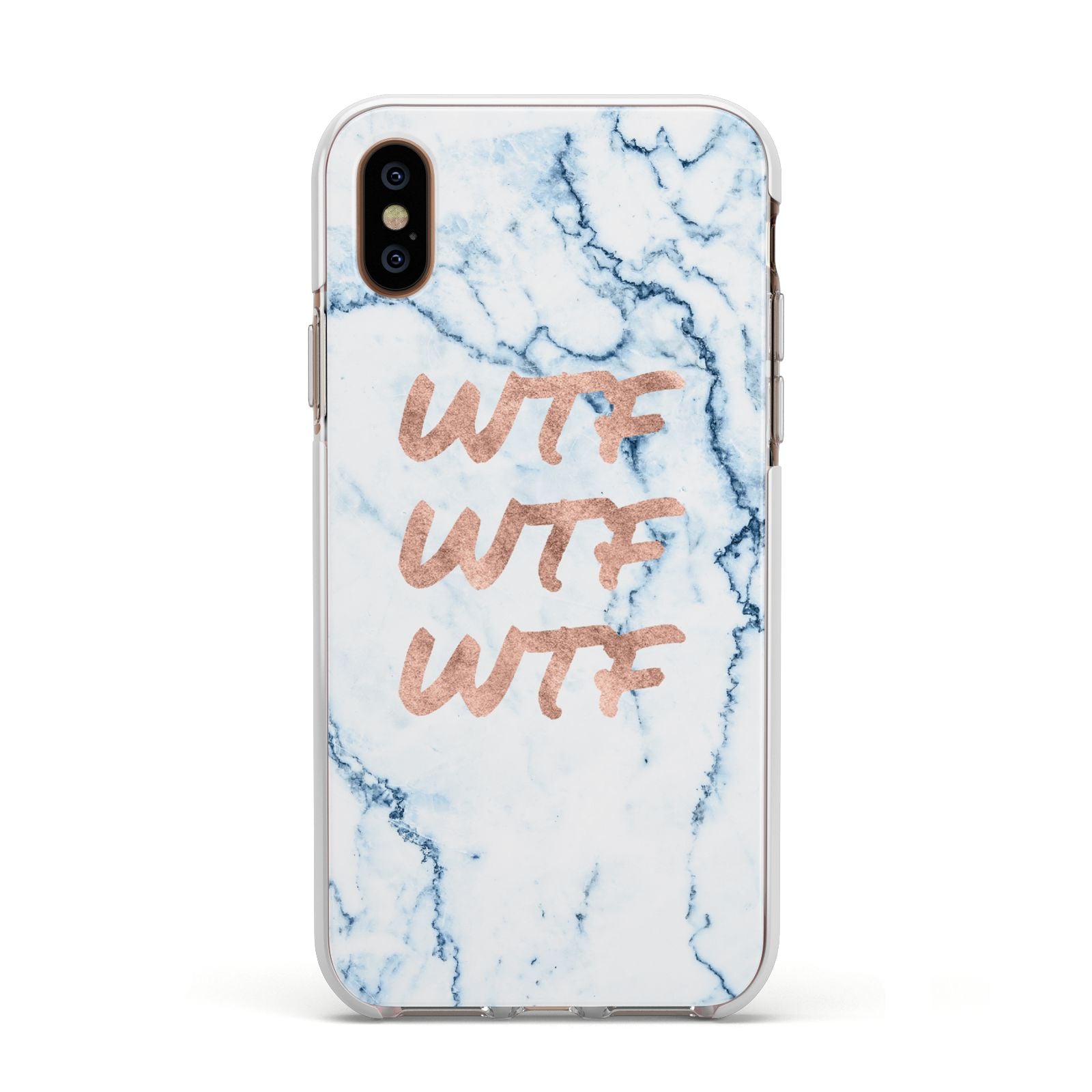 Wtf Rose Gold Blue Marble Effect Apple iPhone Xs Impact Case White Edge on Gold Phone