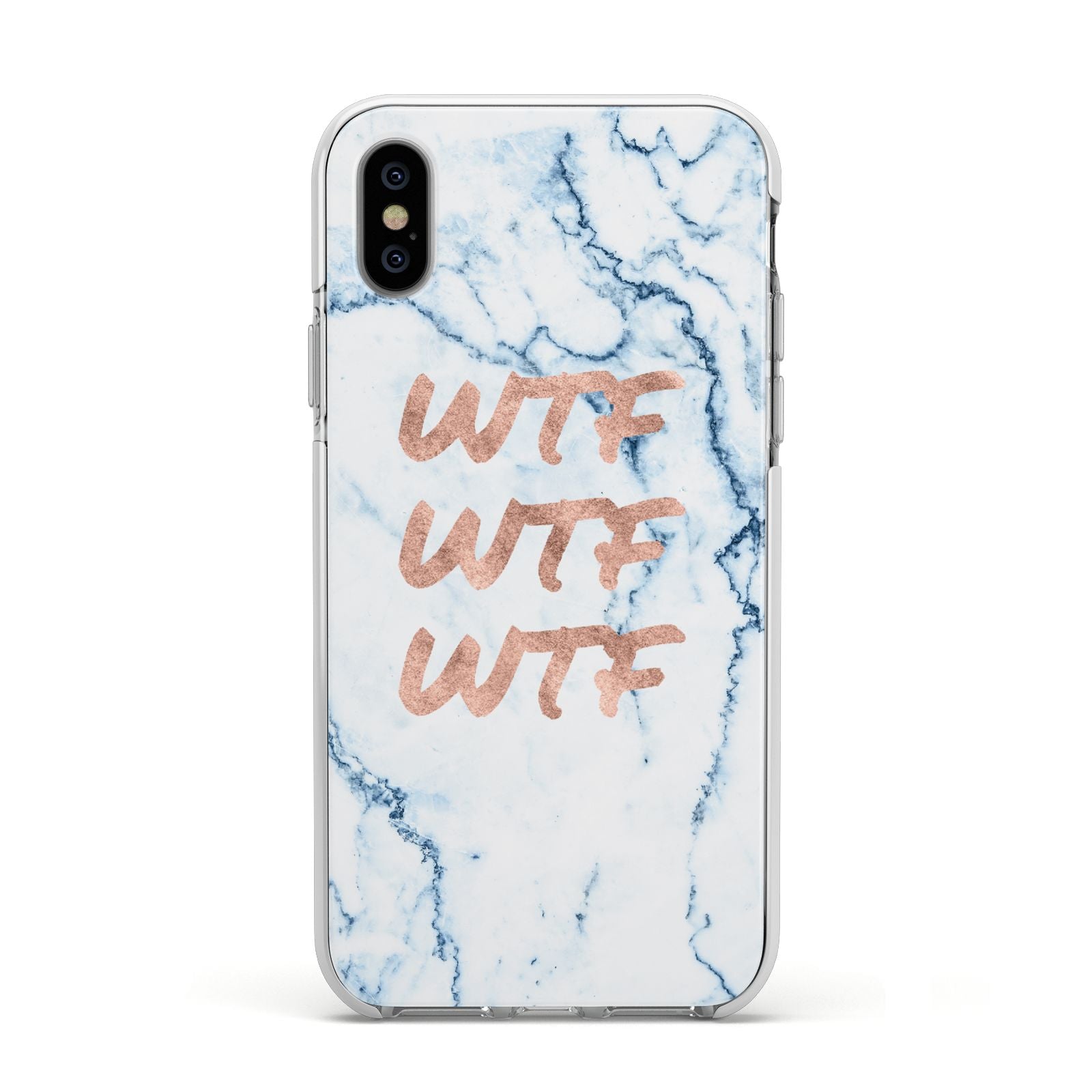 Wtf Rose Gold Blue Marble Effect Apple iPhone Xs Impact Case White Edge on Silver Phone