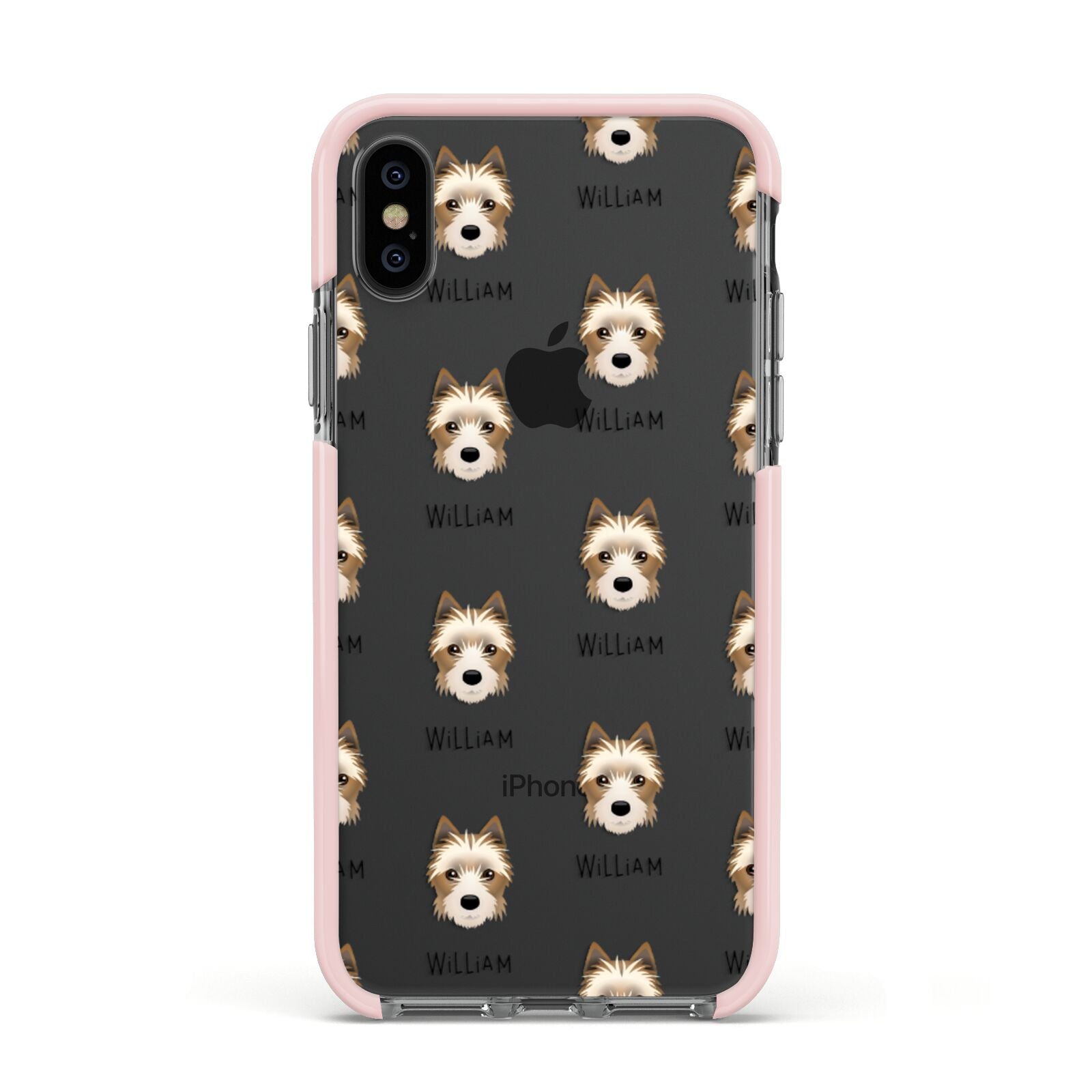 Yorkie Russell Icon with Name Apple iPhone Xs Impact Case Pink Edge on Black Phone