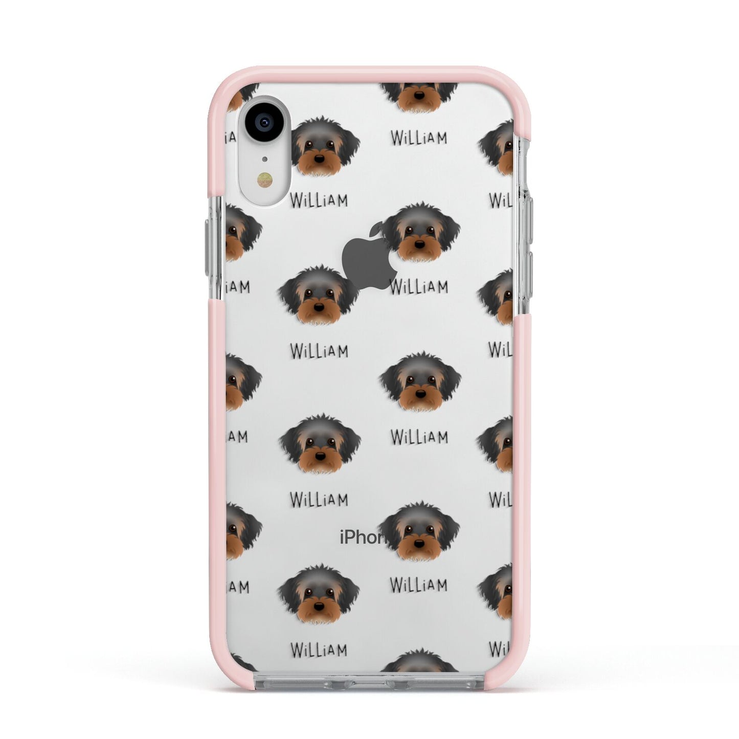 Yorkipoo Icon with Name Apple iPhone XR Impact Case Pink Edge on Silver Phone