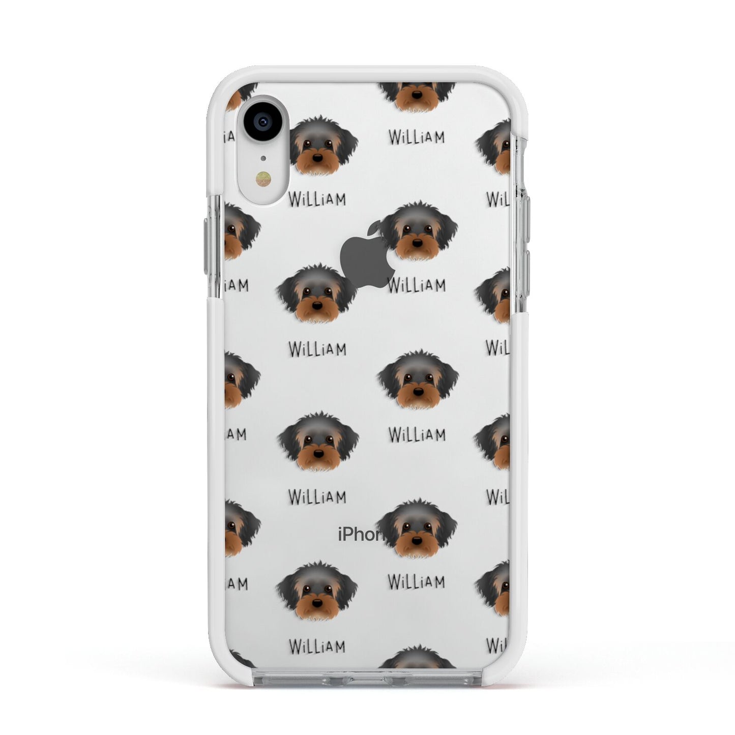 Yorkipoo Icon with Name Apple iPhone XR Impact Case White Edge on Silver Phone