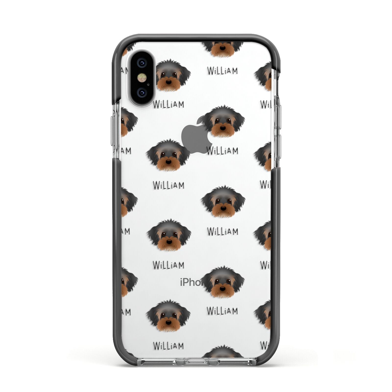 Yorkipoo Icon with Name Apple iPhone Xs Impact Case Black Edge on Silver Phone