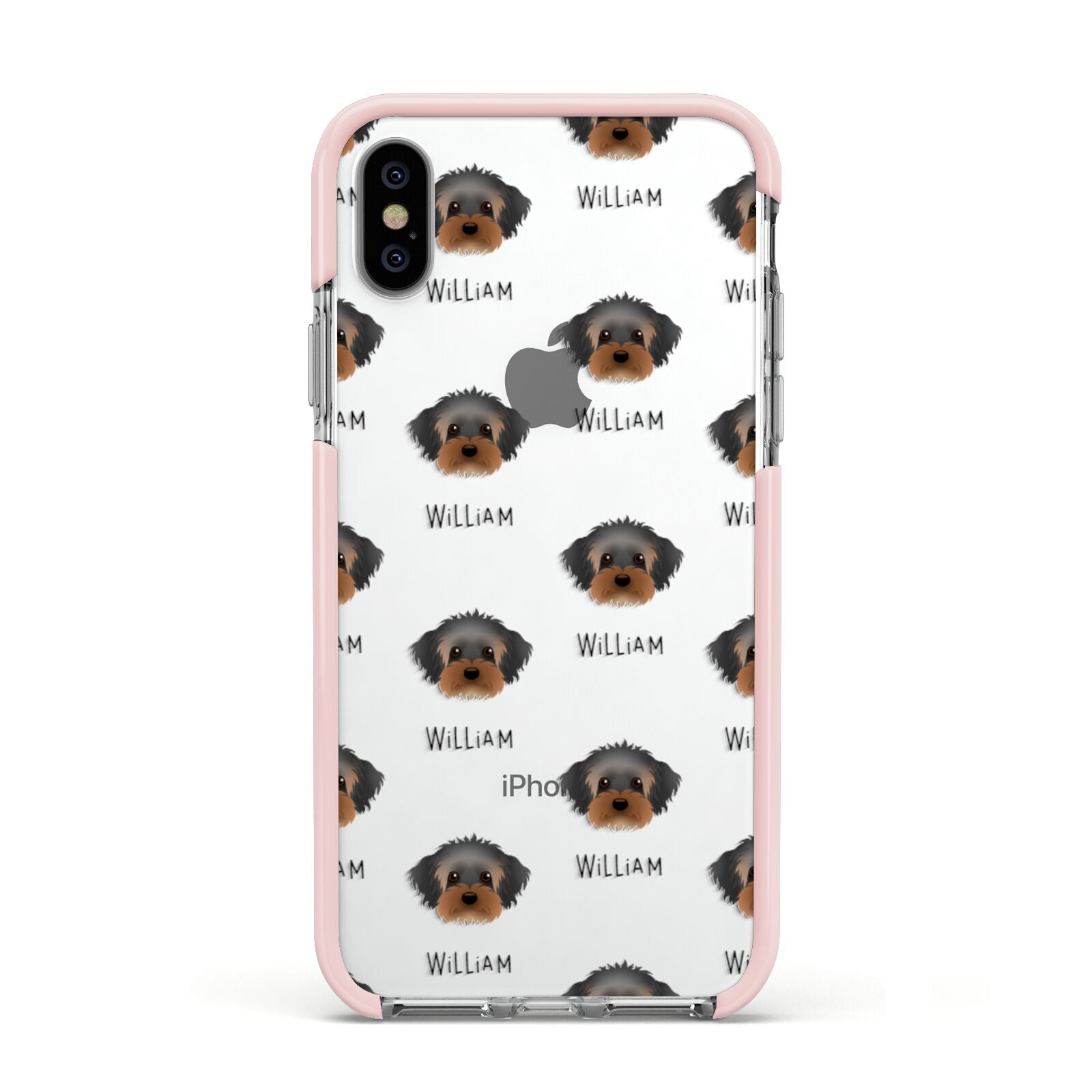 Yorkipoo Icon with Name Apple iPhone Xs Impact Case Pink Edge on Silver Phone